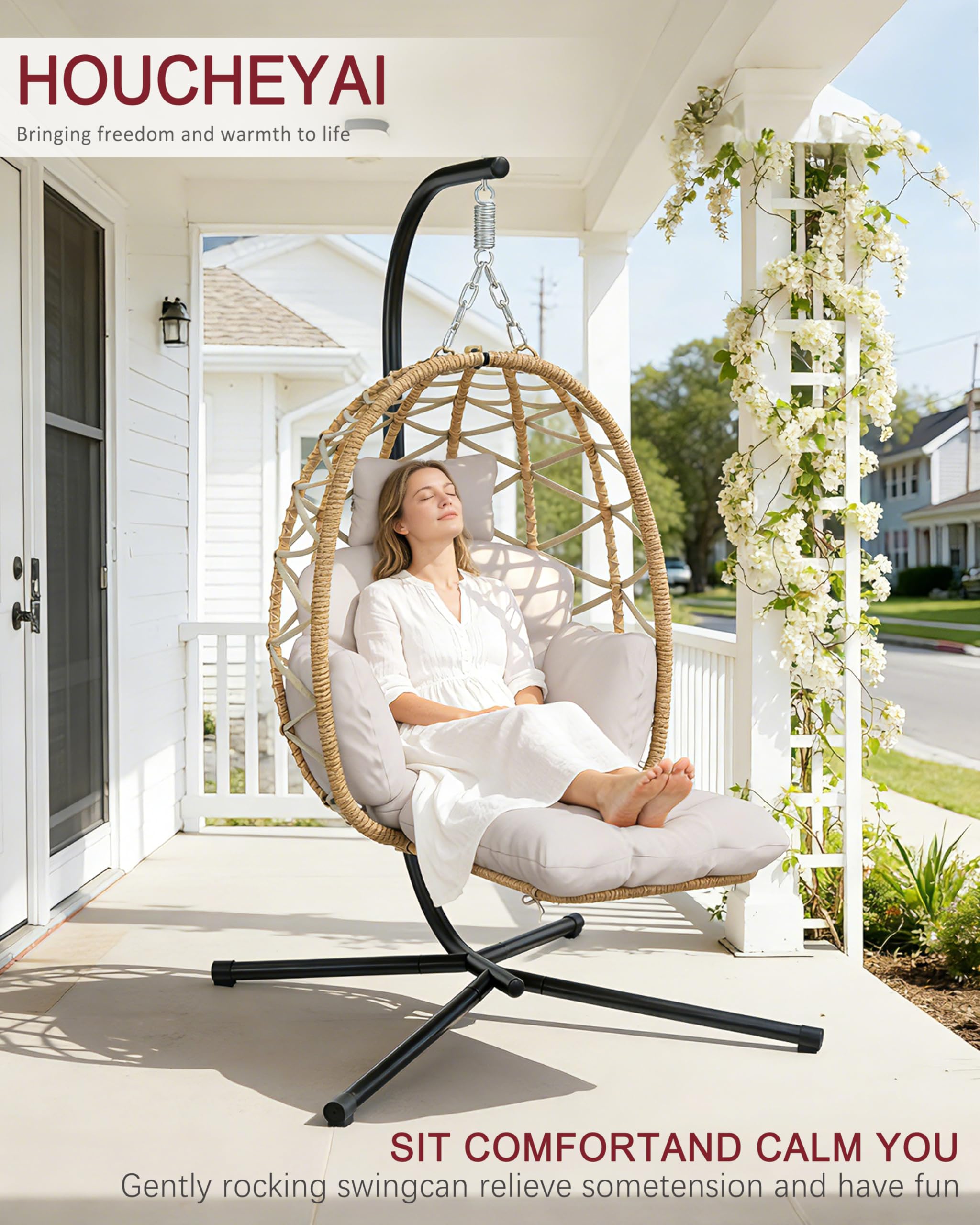 Silla colgante con estructura, reposapiés, silla colgante, en ratán para interiores y exteriores, columpio colgante para jardín, terraza, cuarto de niños, rincón de lectura, hasta 150 kg