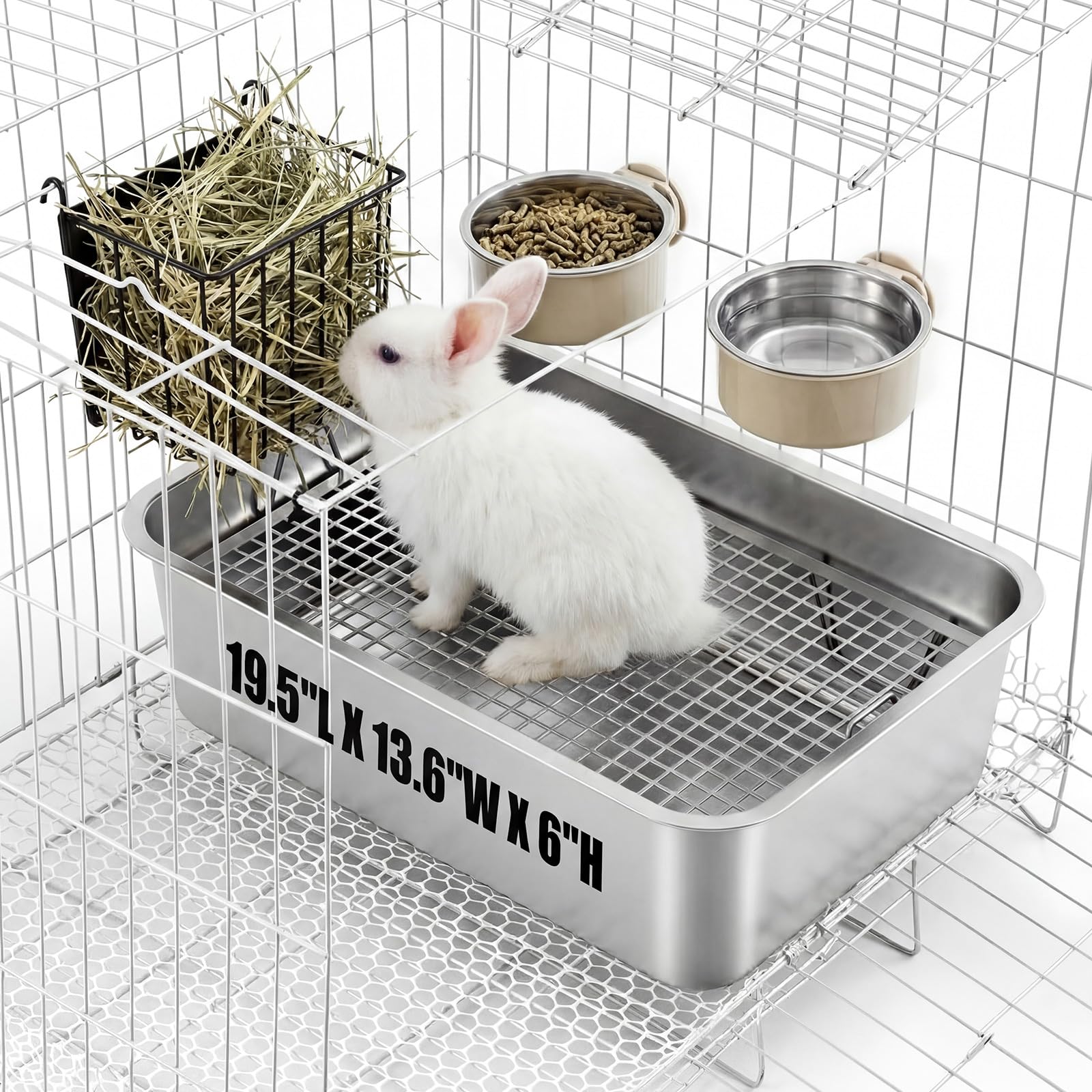 Maxcheck 5 Pcs 3 in 1 Large Stainless Steel Rabbit Litter Box with Raised Grid, High Back Bunny Litter Pan with 2 Pcs Pet Hanging Bowl and Hay Feeder for Rabbits Bunny Guinea Pigs