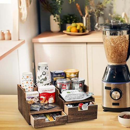 Miniatura 6 de Goaste Organizador de estación de café con 2 cajones, organizador de accesorios de barra de café de madera, soporte de almacenamiento para encimera
