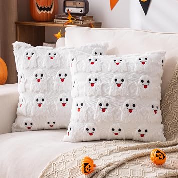 AQOTHES Halloween White Funny Ghost Throw Pillow Covers 20x20 inch Set of 2, Cute Skeleton Pillowcases Holiday Cushions Covers for Halloween Decorations Indoor Home Sofa Couch