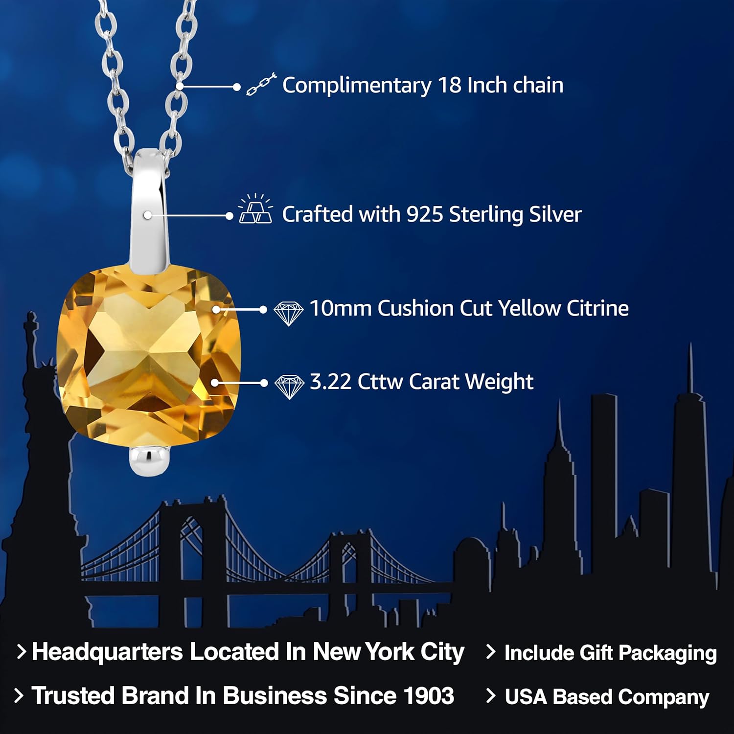 Gem Stone King 3-5 Cttw Gemstone Birthstone Solitaire Pendant Necklace For Women | 925 Sterling Silver | 10MM Cushion Cut | With 18 Inch Silver Chain | Fine Jewelry Gifts for Her Mom Women Wife - Image 2