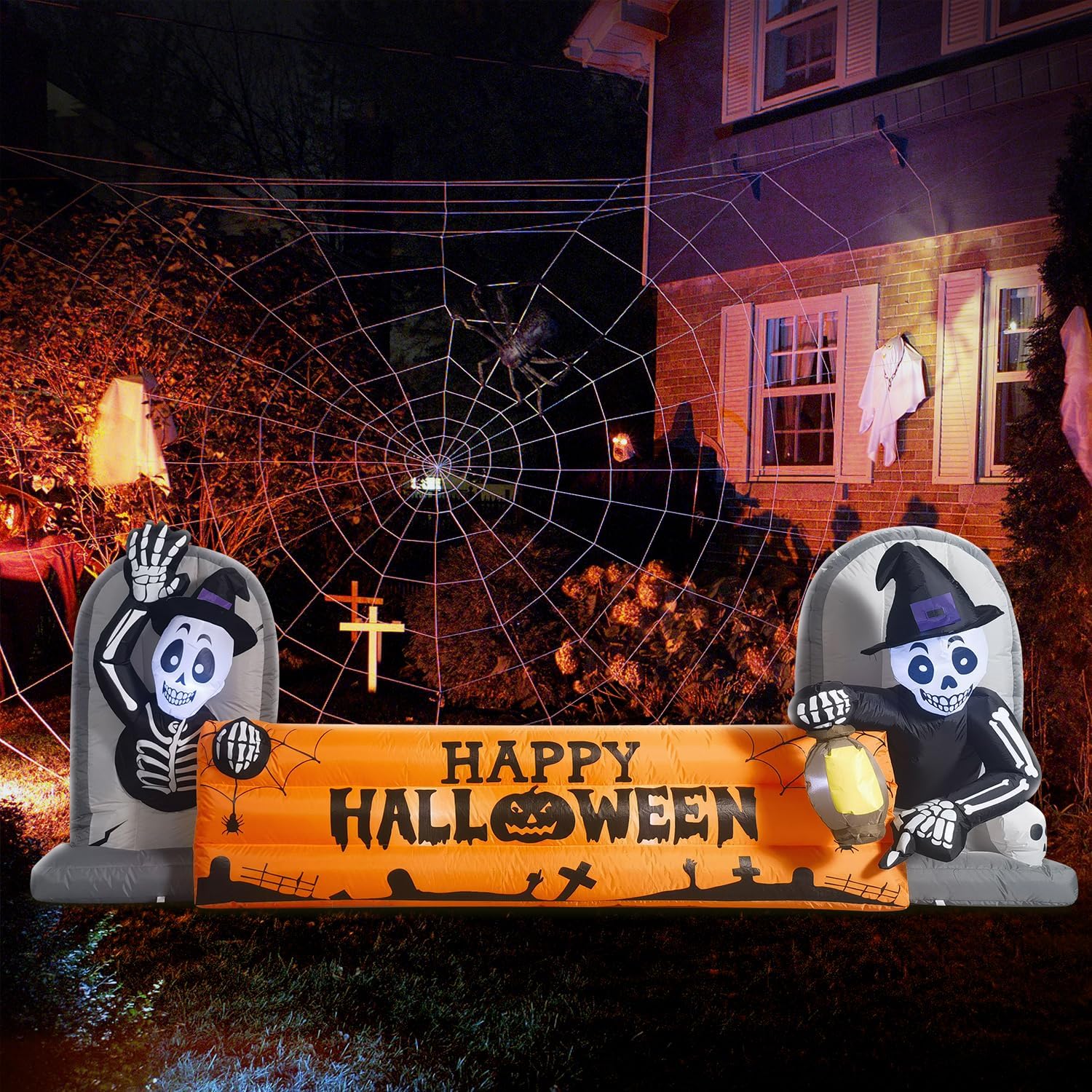 10FT Large Halloween Inflatable Decorations Skeleton Tombstone Banner, Build-in LED Lights Holiday Blow Up Yard Decoration for Halloween Holiday Party Outdoor,Garden Yard Lawn Decor
