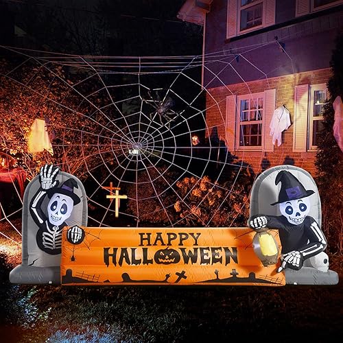 Decoración inflable grande de Halloween de 10 pies, pancarta de lápida de esqueleto, luces LED integradas, decoración de patio inflable para
