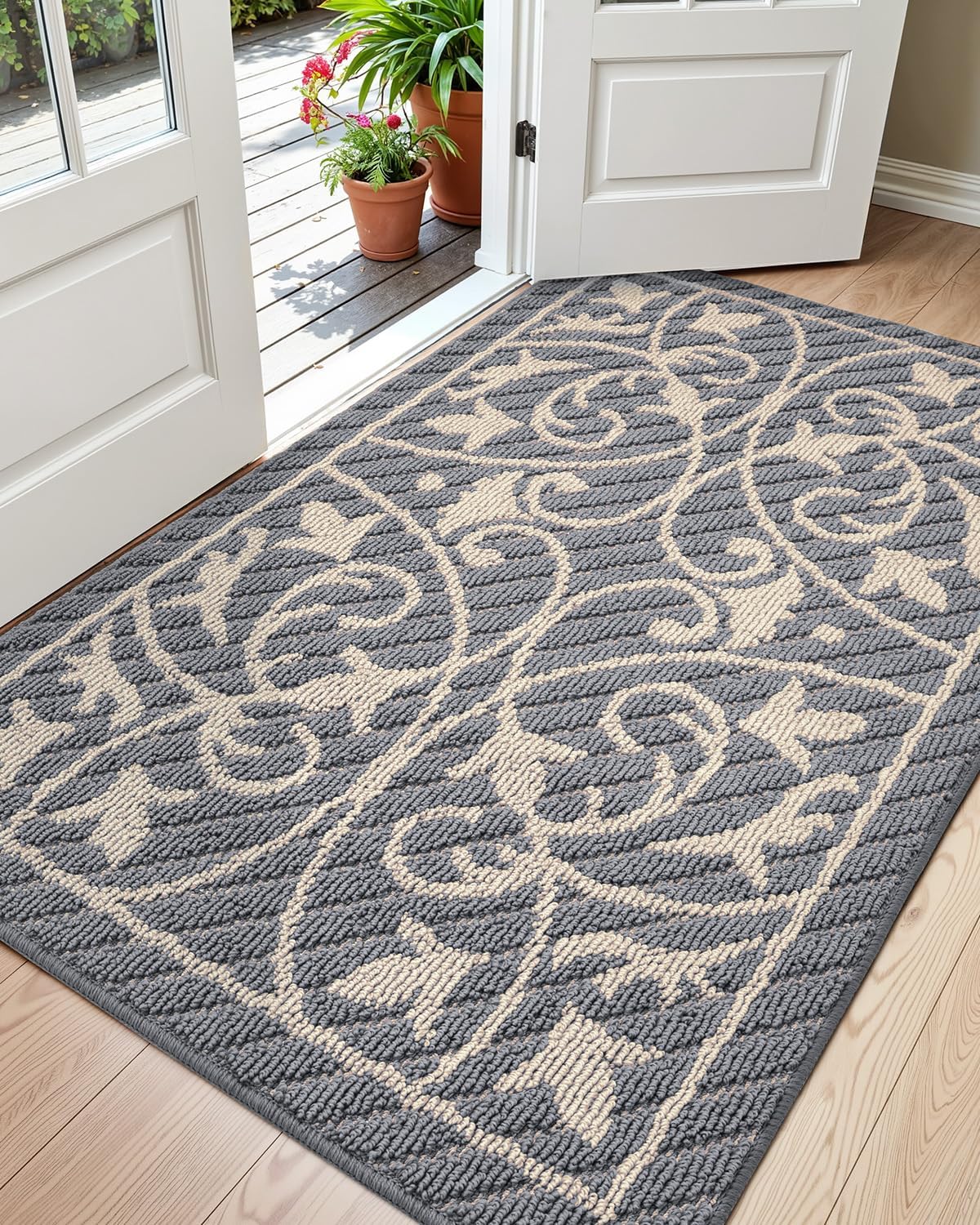 DEXI Front Door Mat Entryway, Inside Welcome Entrance Doormat Low Profile Thin, Non Slip Washable Entry Mats for House Floor Dirt Trapper, 32x48, Gray