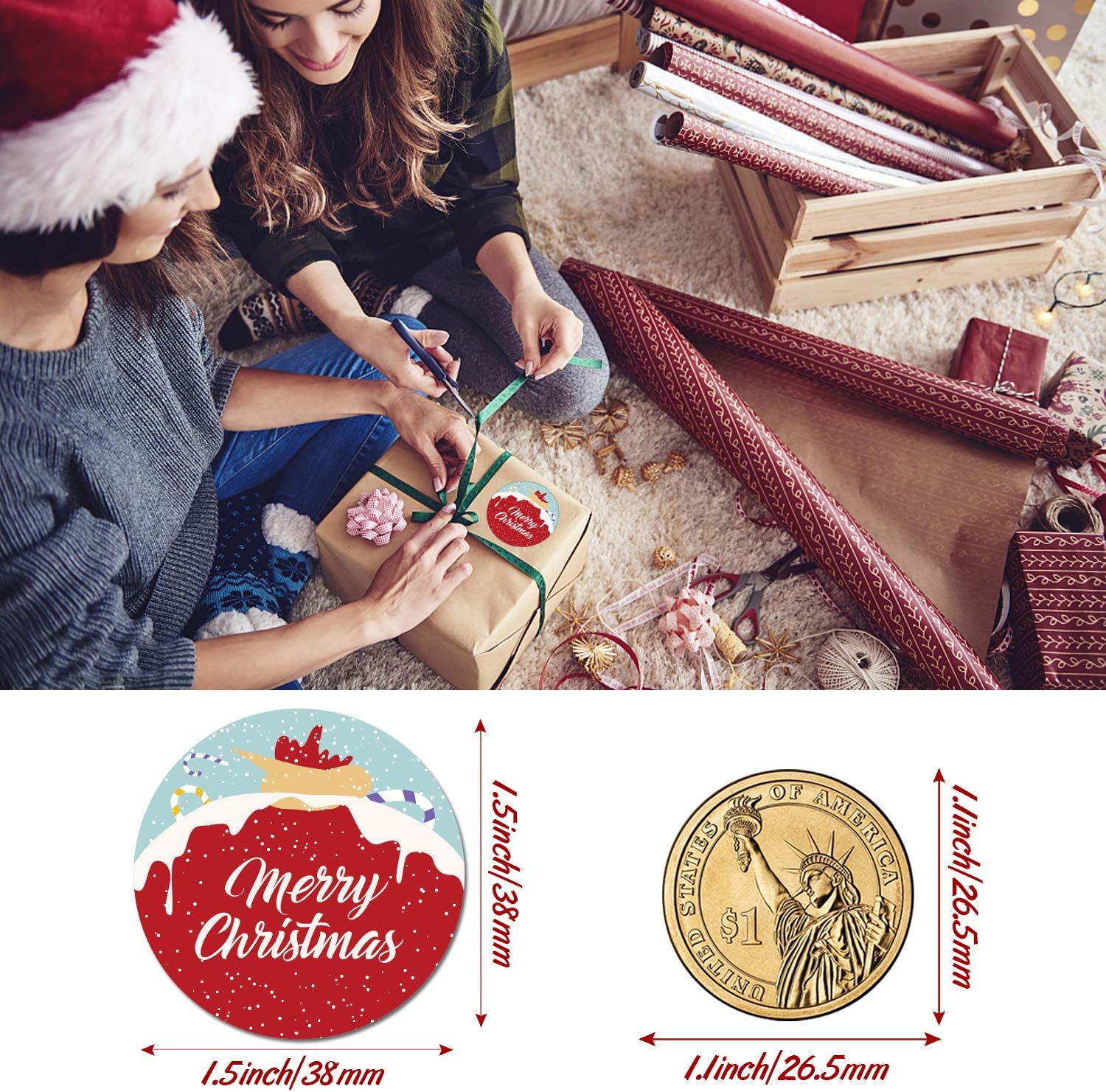 Dongpong Merry Christmas Stickers Labels Roll 1.5 Inch 4 Designs Round Christmas Tags 500 Adhesive Xmas Decorative Envelope Seals Stickers for Cards Gift Envelopes Boxes : Office Products