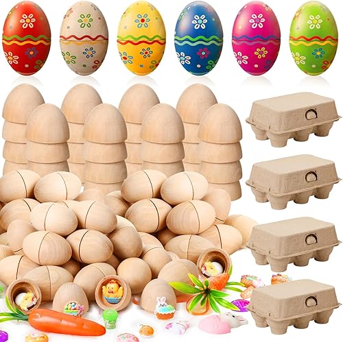Miniatura 1 de PullCrease 24 huevos de madera de Pascua, huevos de gallina de madera huecos, huevos falsos rellenables sin terminar con cartones de huevos de papel