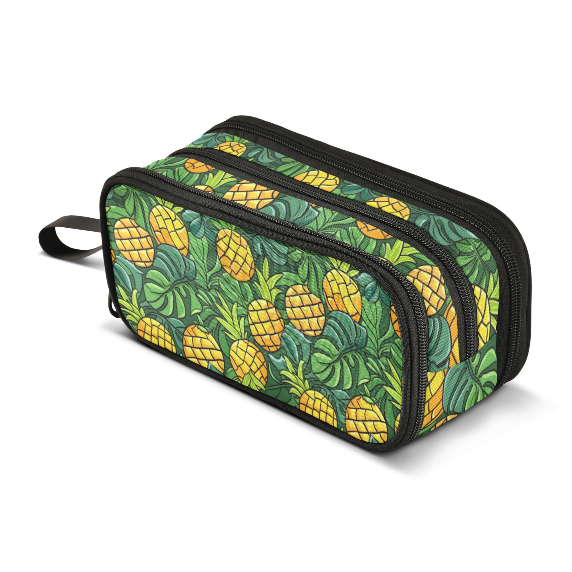 Large Pencil Case, Big Capacity Pencil Bag Pen Pouch Holder 3 Compartments,Tropical Leaves Cartoon Pineapple School Office Supplies Stationery Makeup Bag Storage Organizer for Students Girls Boys Wome — image 1