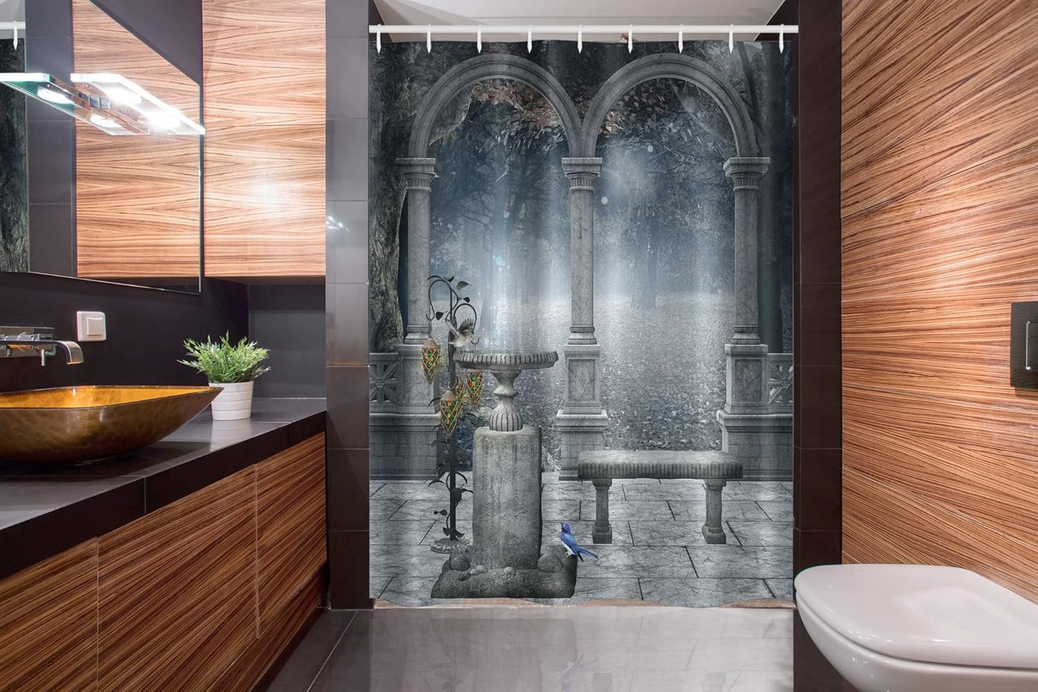 Ambesonne Gothic Stall Shower Curtain, Fictional Middle Age Mythical Stone Bench Balcony Building with Hummingbird Graphic Print, Fabric Bathroom Decor Set with Hooks, 54" W x 78" L, Grey