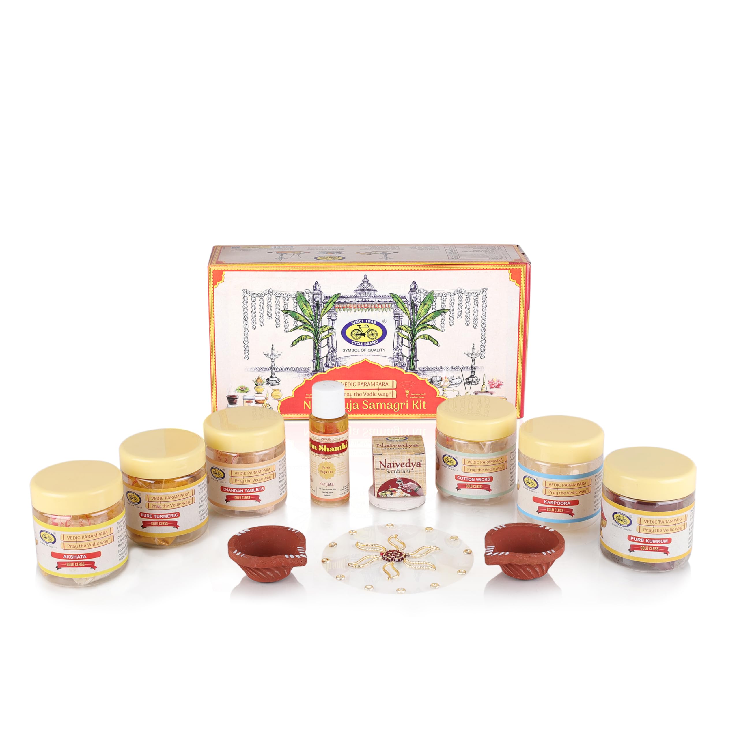 Cycle Pure All-in-One Nitya Pooja Samagri Kit | Contains: Sambrani Cup, Pooja Oil, Cotton Wicks, Camphor, Agarbatti, Decorative Diya, Chandan Tablets, Kumkum, Akshata & Turmeric, Decorative Rangoli-image-34