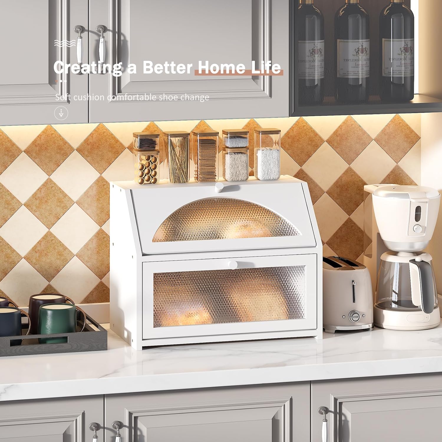 STDDRE Bread Box for Kitchen Countertop Double Layer Bread Box Storage Container Extra Large Capacity Farmhouse With Diamond Pattern Windows(Arched White)