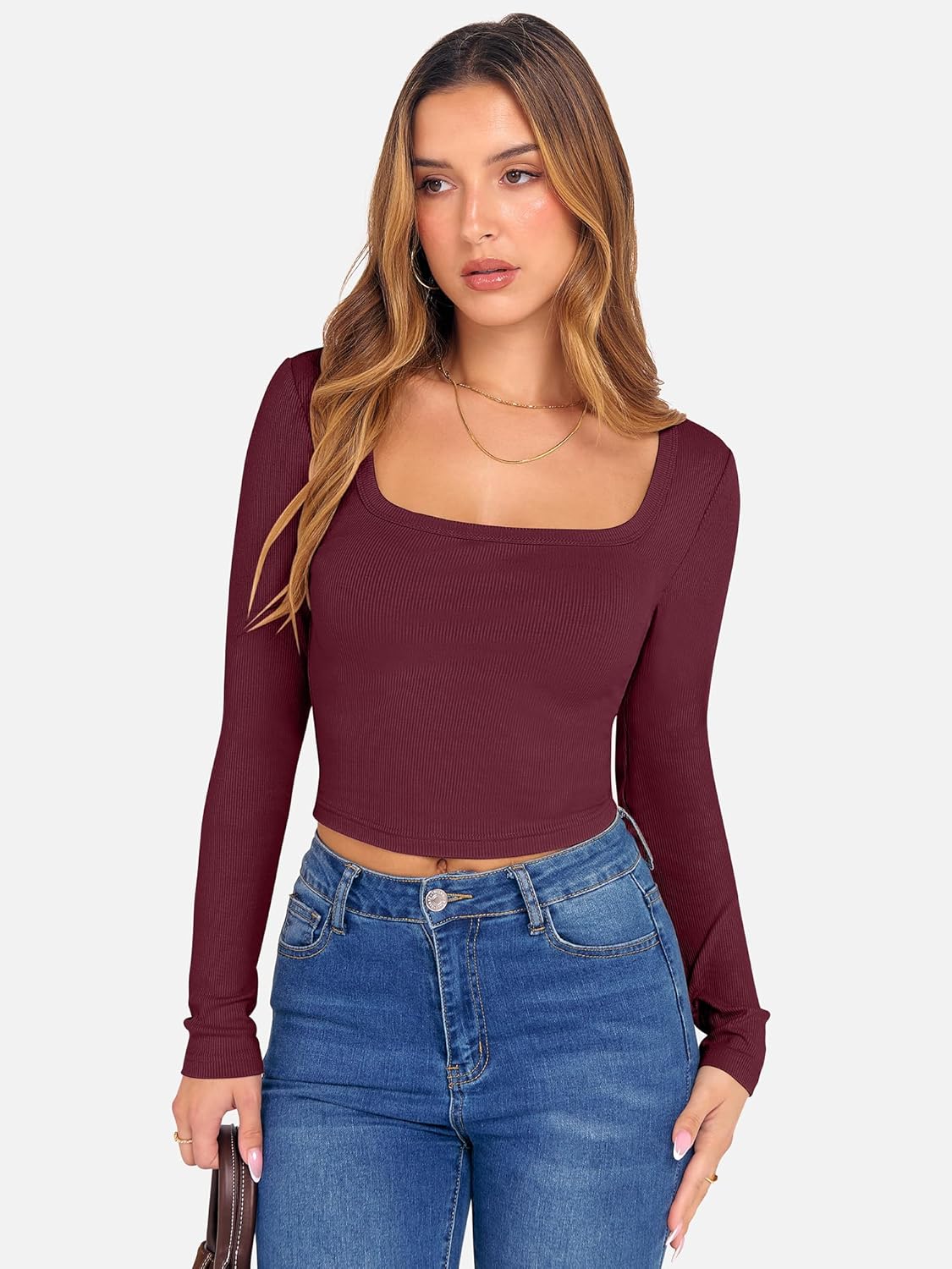 ANRABESS Women's Long Sleeve Square Neck Crop Top Ribbed Slim Fitted Basic Tee Layer Y2K Shirts Fall Fashion Outfits 2025 - Image 5