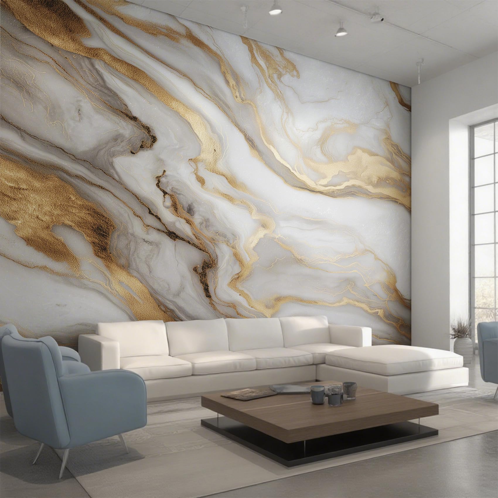 Non-Woven White Gold Marble Wallpaper - Modern Abstract Fluid Art Wall Mural for Bedroom, Living Room Background Decoration, Home Decor Photo Wall Paper 500x350 cm (WxH)