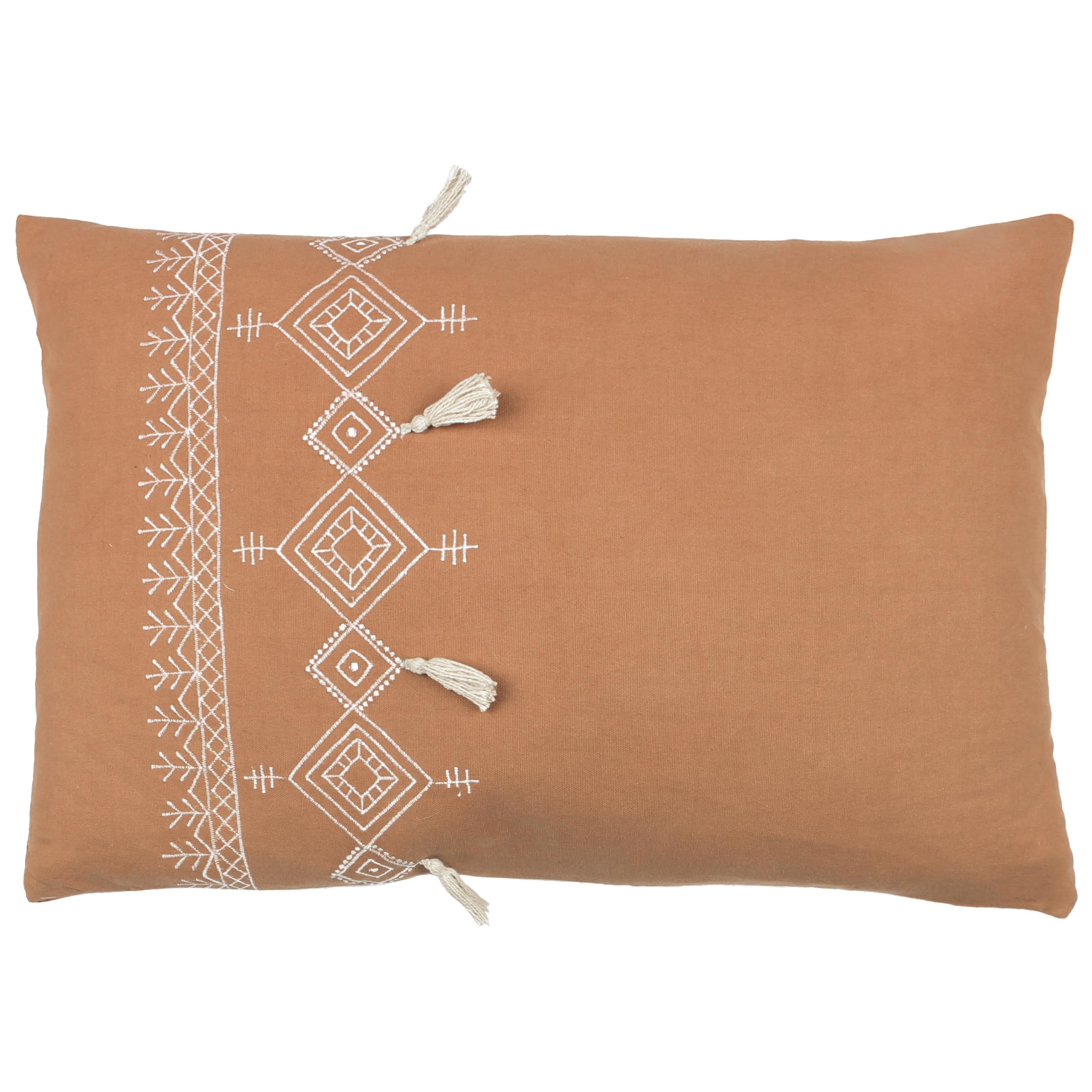 Furn Unisex Brown Pritta 100% Cotton Embroidered Tasselled Cushion In | Size: 40Cm X 60Cm