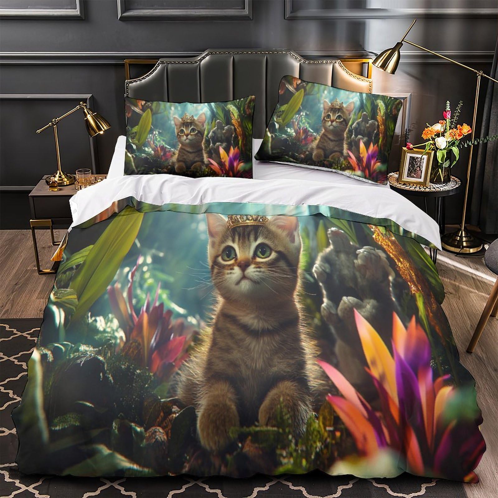 Housse de couette chaton royal 3D microfbre 135x200cm pour lit simple avec 2 taies d'oreiller