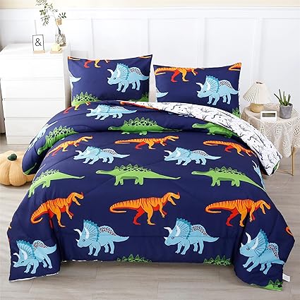 RYNGHIPY Cartoon Dinosaur Comforter Set, Dark Blue Dinosaur Kids Bedding Set for Boys, Dinosaurs Print Comforter Sets for Kids/Toddlers/Teens (Dinosaur,Full)