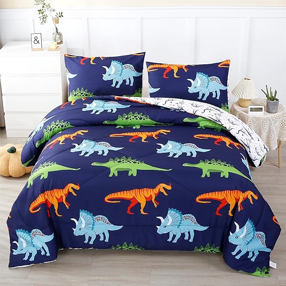 RYNGHIPY Cartoon Dinosaur Comforter Set, Dark Blue Dinosaur Kids Bedding Set for Boys, Dinosaurs Print Comforter Sets for Kids/Toddlers/Teens (Dinosaur,Full)