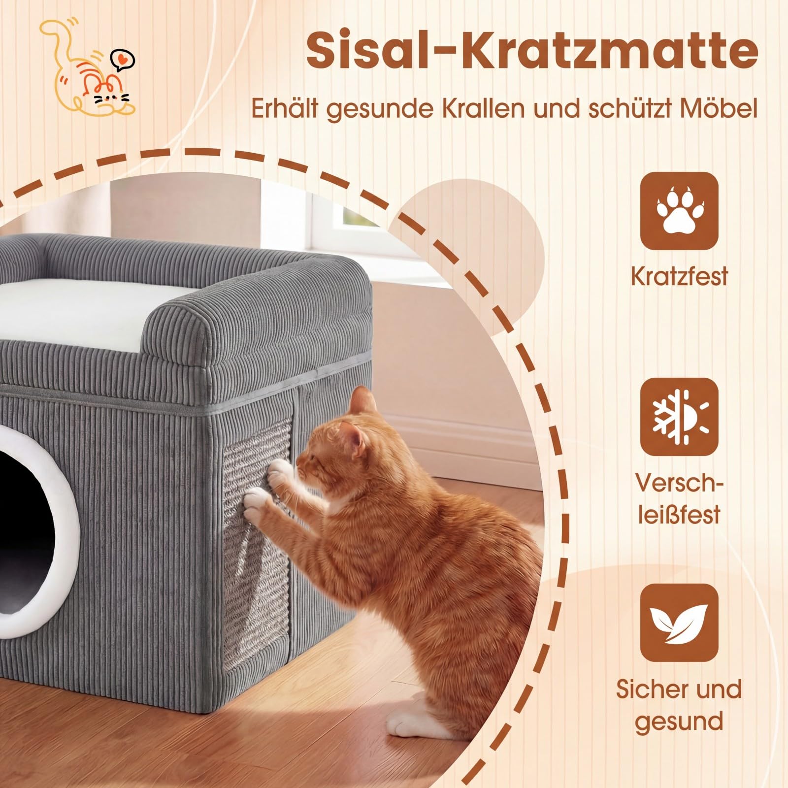 COSTWAY Katzenhaus faltbar, Katzenhöhle mit Sisal-Kratzmatte, weiches Kissen, erhöhten Kanten & Rutschfester Boden, Katzenbett für 2 Katzen, Indoor, bis 15 kg, Cordstoff, 49 x 41 x 39 cm (Grau)