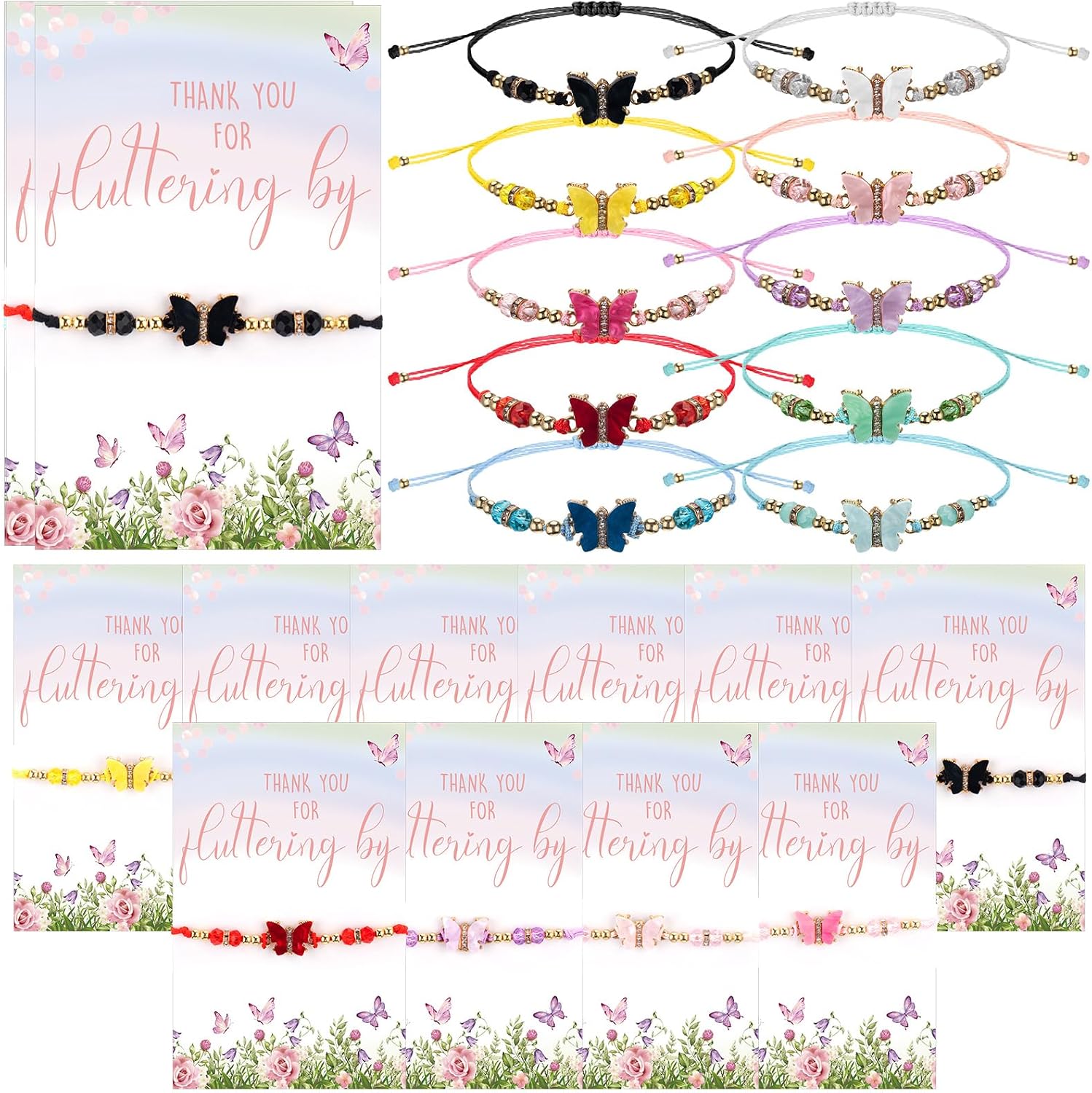 Tondiamo Butterfly Gifts for Girl Butterfly Rhinestone Beads Bracelets Adjustable with Thank You Fluttering by Card Friendship Bracelets for Fairy Birthday Baby Shower Party Favor