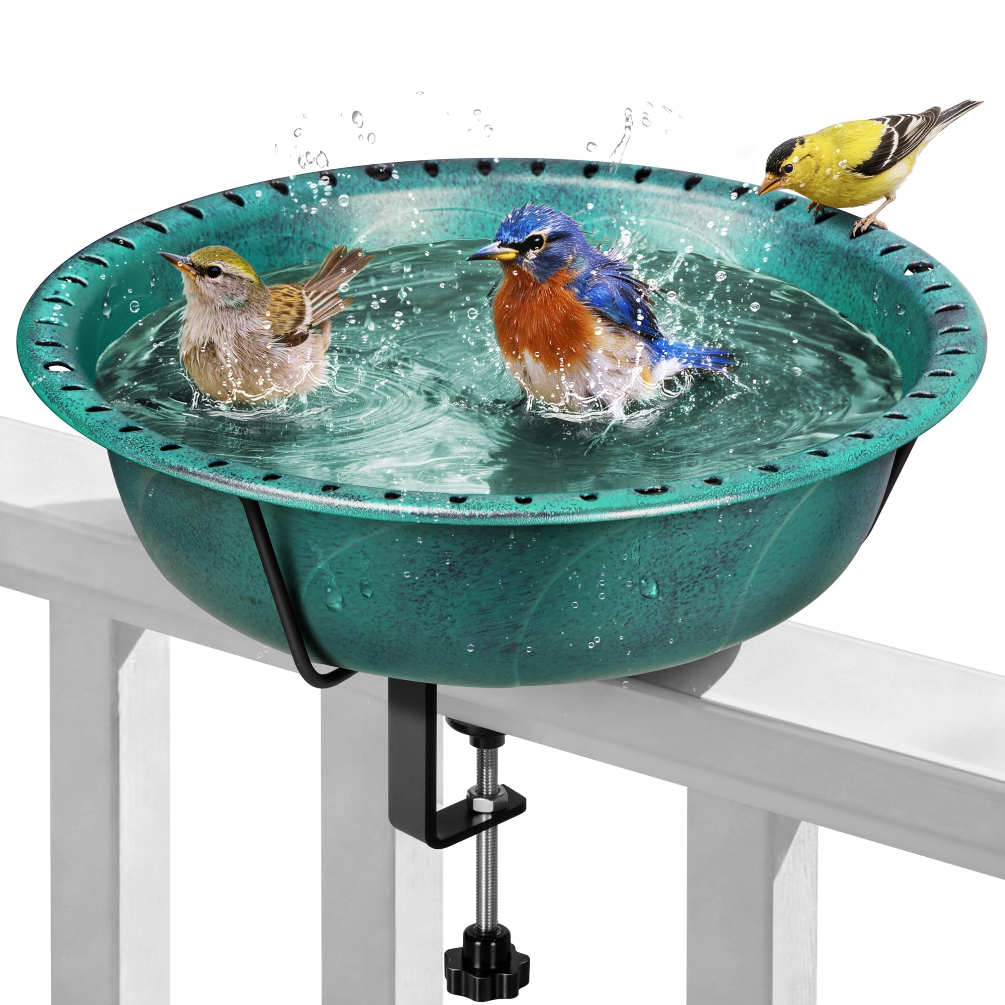 VIVOHOME Deck Mounted Bird Bath for Outside, Weather-Resistant ABS Bird Bath and Feeder with Adjustable Metal Clamp for Railing, Fence, Balcony, 1.45 Gallons, Green