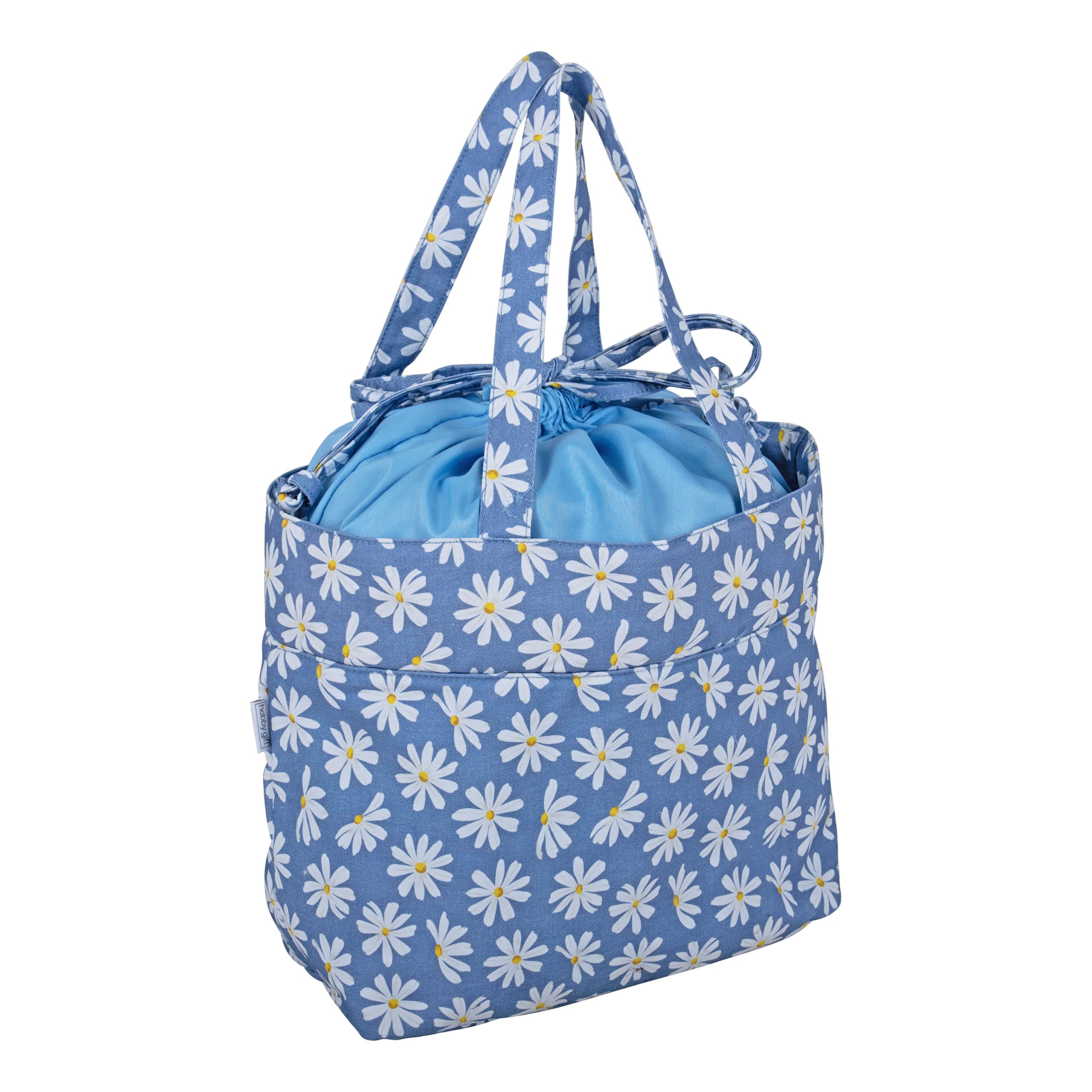 Hobby Gift Drawstring Craft Bag-100% Cotton Tote Bag Yarn Storage, Denim Daisies, 17 x 30 x 28cm