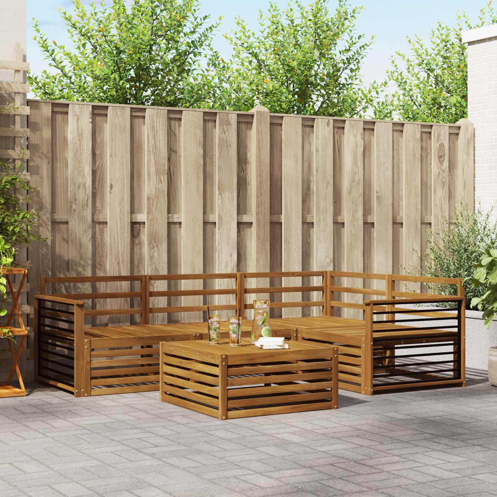 Outdoor-Sofagarnitur 5-teilig aus massivem Akazienholz wetterfestes Gartenmöbelset für Terrasse Balkon und Außenbereich Moderne Sitzgruppe mit Tisch, Sofas, Sesseln