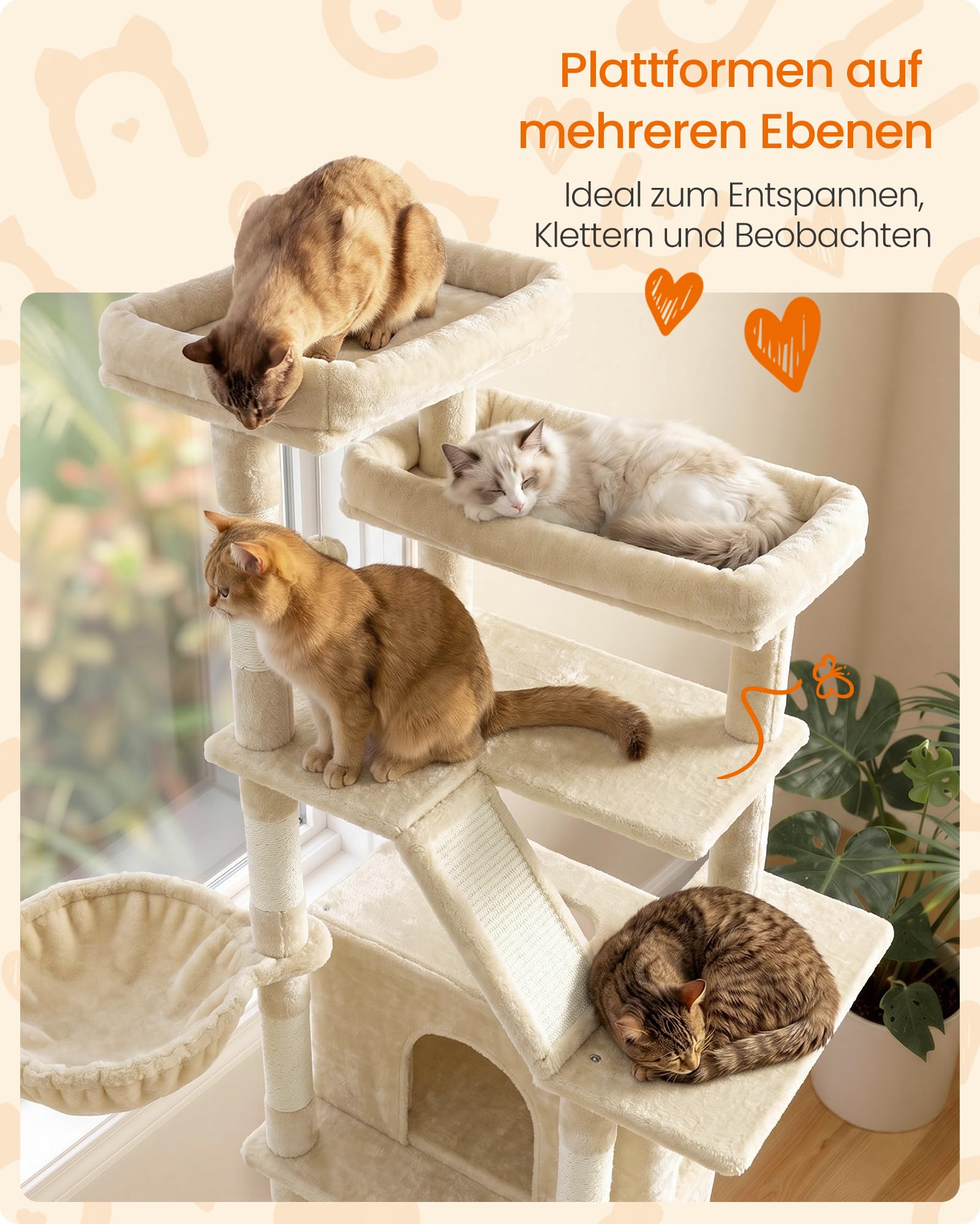 Feandrea Kratzbaum groß, 184,5 cm hoch, Katzenbaum, Katzenkratzbaum, mit 7 Kratzsäulen, 2 Kratzbrettern, 2 große liegefläche, 2 Höhlen, Hängematte, Plüsch, beige PCT014Y101