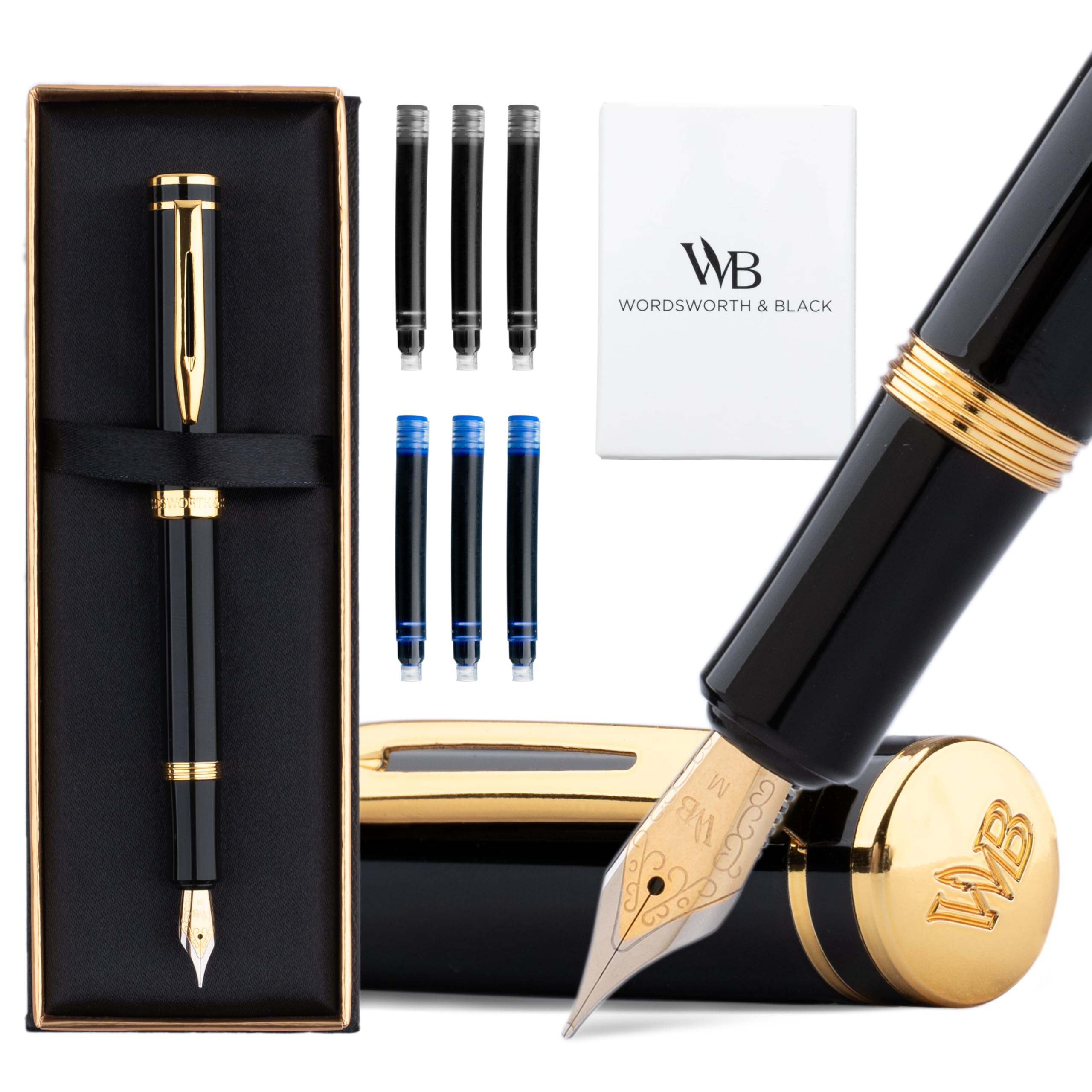 Wordsworth and Black Fountain Pen Mini EDC: Luxury Black Heavy Pocket Pen, Gold Finish, Medium Nib, 6 Ink Cartridges, Ink Converter, Travel Refillable