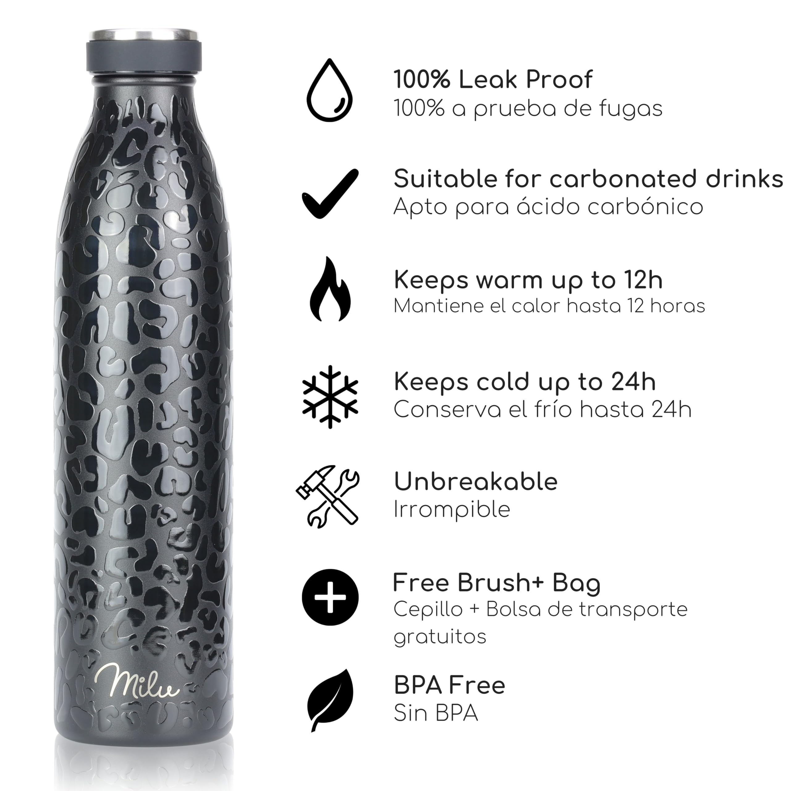 Milu Botella de acero inoxidable de 350ml 500ml 750 ml 1 L 1,5 L botella de agua aislada, termo a prueba de fugas, doble pared, apta para ácido carbónico + cepillo de limpieza (Azul Violeta, 350ml) — view 135