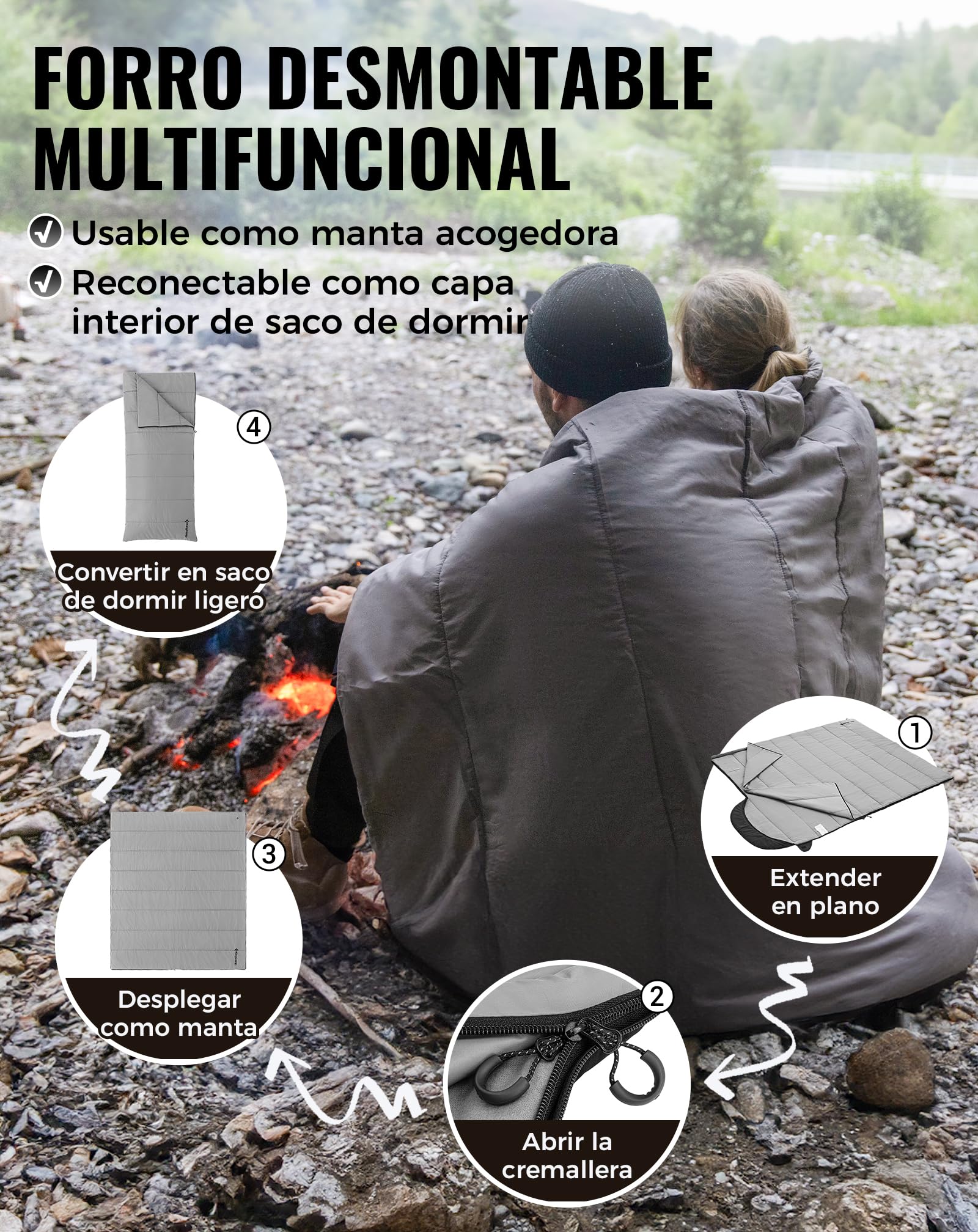 KingCamp Saco De Dormir Para 4 Estaciones Con Manta Extraíble Saco De Dormir De Franela Para Adultos Invierno Camping Interiores Exteriores