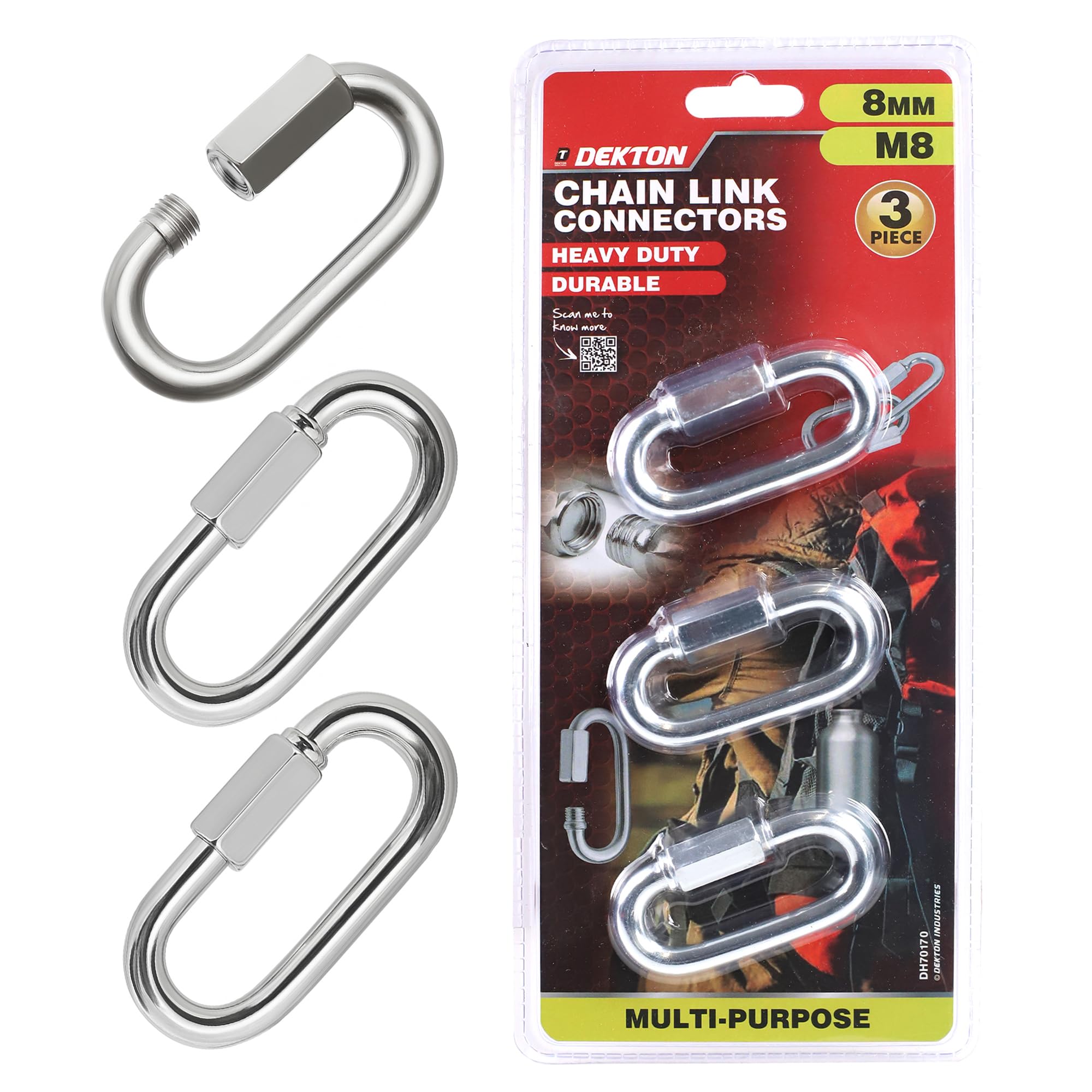 Dekton 3pc Chain Link Connector 8mm- Heavy-Duty Metal Links| Ideal for Securing Chains and Ropes| Rust-Resistant Finish| Perfect for Outdoor, Industrial Applications| High Strength, Durable, Versatile