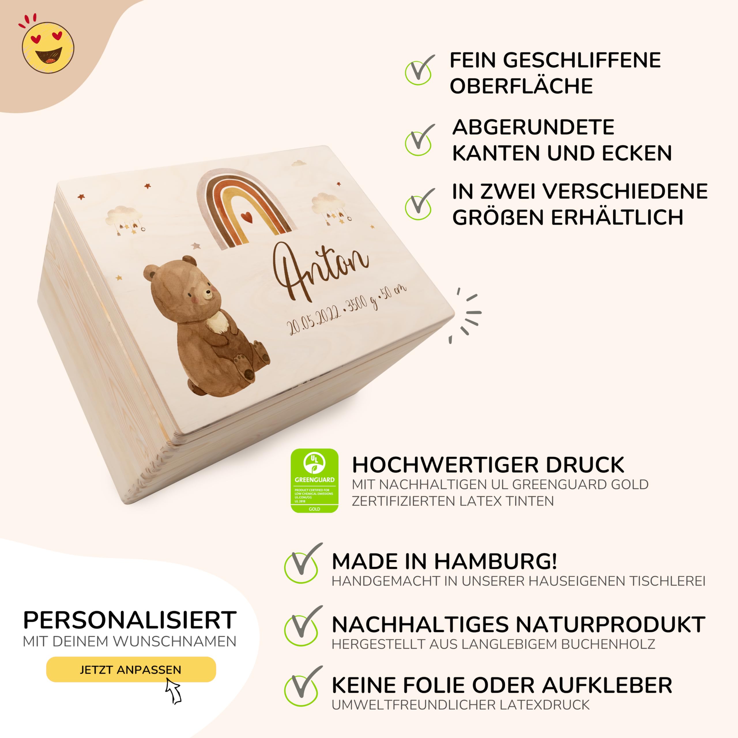 KIDSMOOD - Erinnerungsbox Baby, personalisierte Holzkiste mit Deckel, Ideal zur Aufbewahrung von Erinnerungen und als Geschenk zur Geburt, Taufe oder als Geburtstagsgeschenk für Mädchen und Jungen