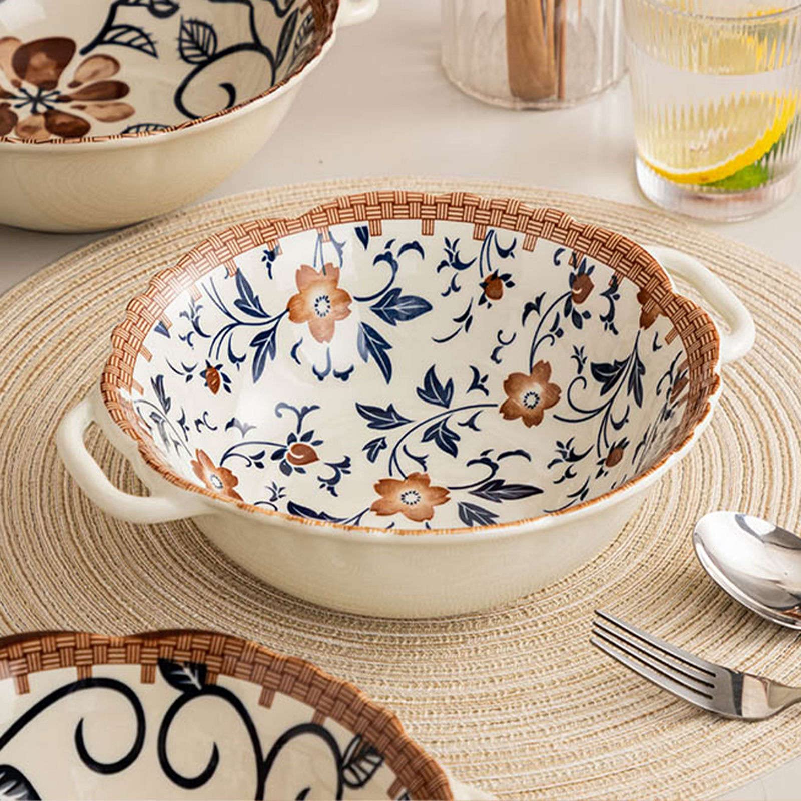 Vaisselle Bol à soupe ramen en céramique, tasse à soupe, bol en céramique, bol à ramen en céramique, grands bols pho, bol à soupe au micro-ondes, bol à nouilles Udon-Fu-23x20x7cm,800ml(Couleur:Floret)