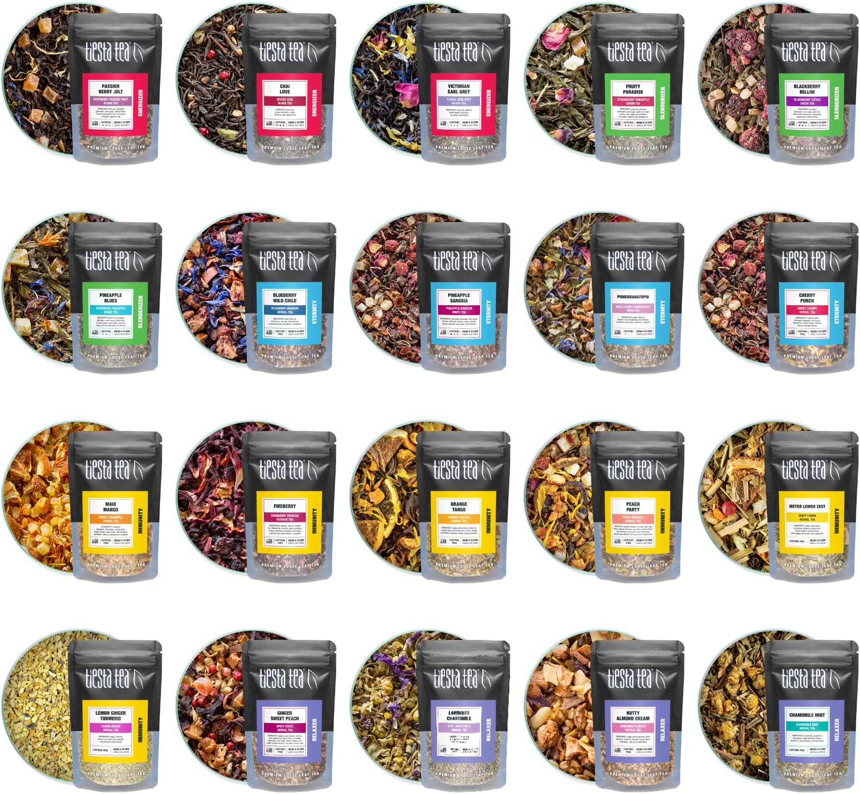 Tiesta Tea - Discovery Sampler Dry Flight Set, Loose Leaf, High to No Caffeine, Hot & Iced Up to 200 Cups, Tea Variety Pack with Green, Herbal, Black & Chai Brew, 20 Resealable Sample Pouches