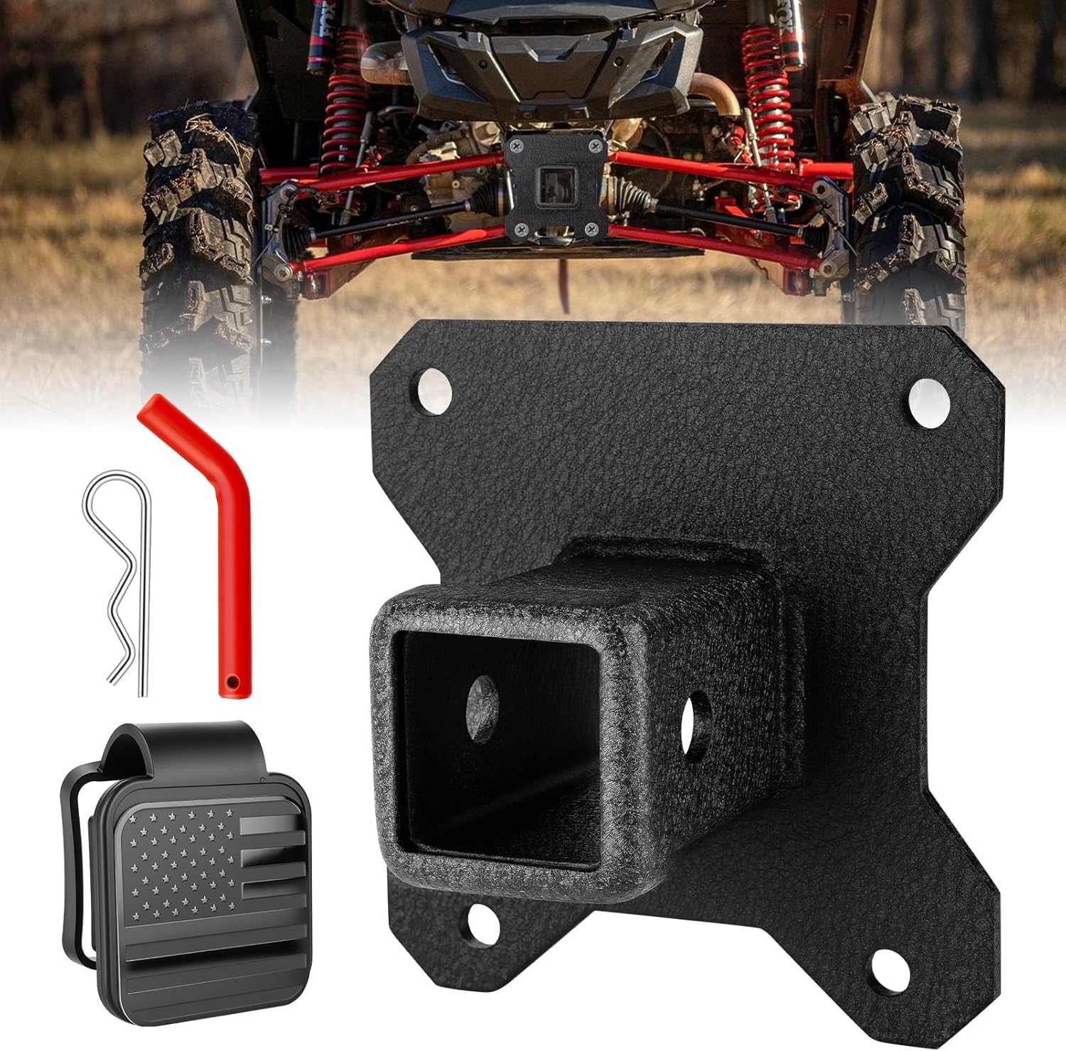 W&JWN 2" UTV Rear Receiver Hitch Compatible with Polaris RZR XP 1000/XP 4 1000 2014-2025 Heavy Duty RZR Hitch Receiver with Trailer Hitch Cover Red Trailer Hitch Pin
