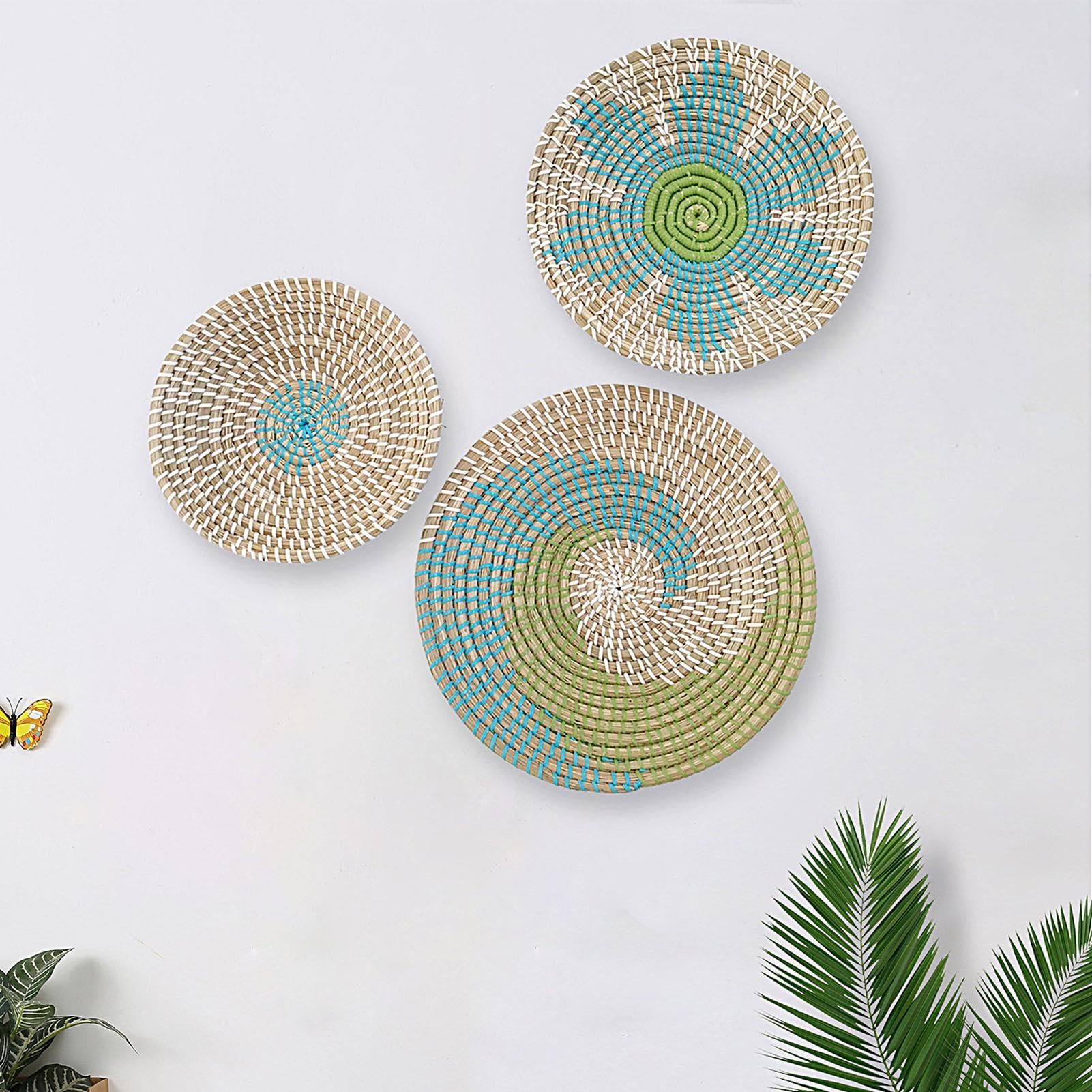 3 Stück Boho Wandkorb Dekoration Runde Seegras Geflochtene Körbe Natürliches Boho Hängekorb Geometrisches Design Böhmische Hängende Dekorationen Für Wohnzimmer, Büro, Schlafzimmer