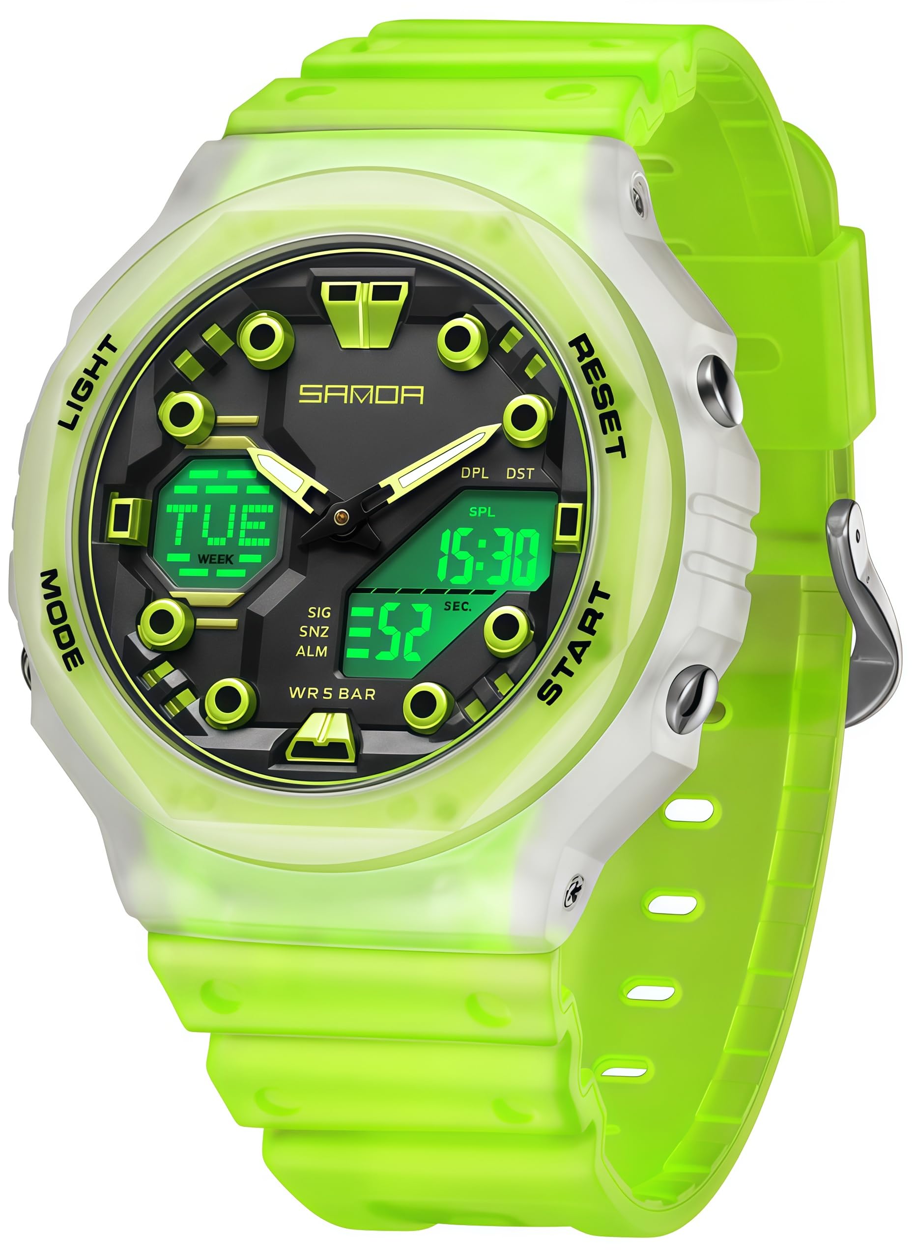 Gosasa Reloj deportivo digital unisex 5ATM, impermeable, táctico, analógico, digital, con cronómetro, alarma, retroiluminación LED, correa transparente, estilo militar para hombres y mujeres