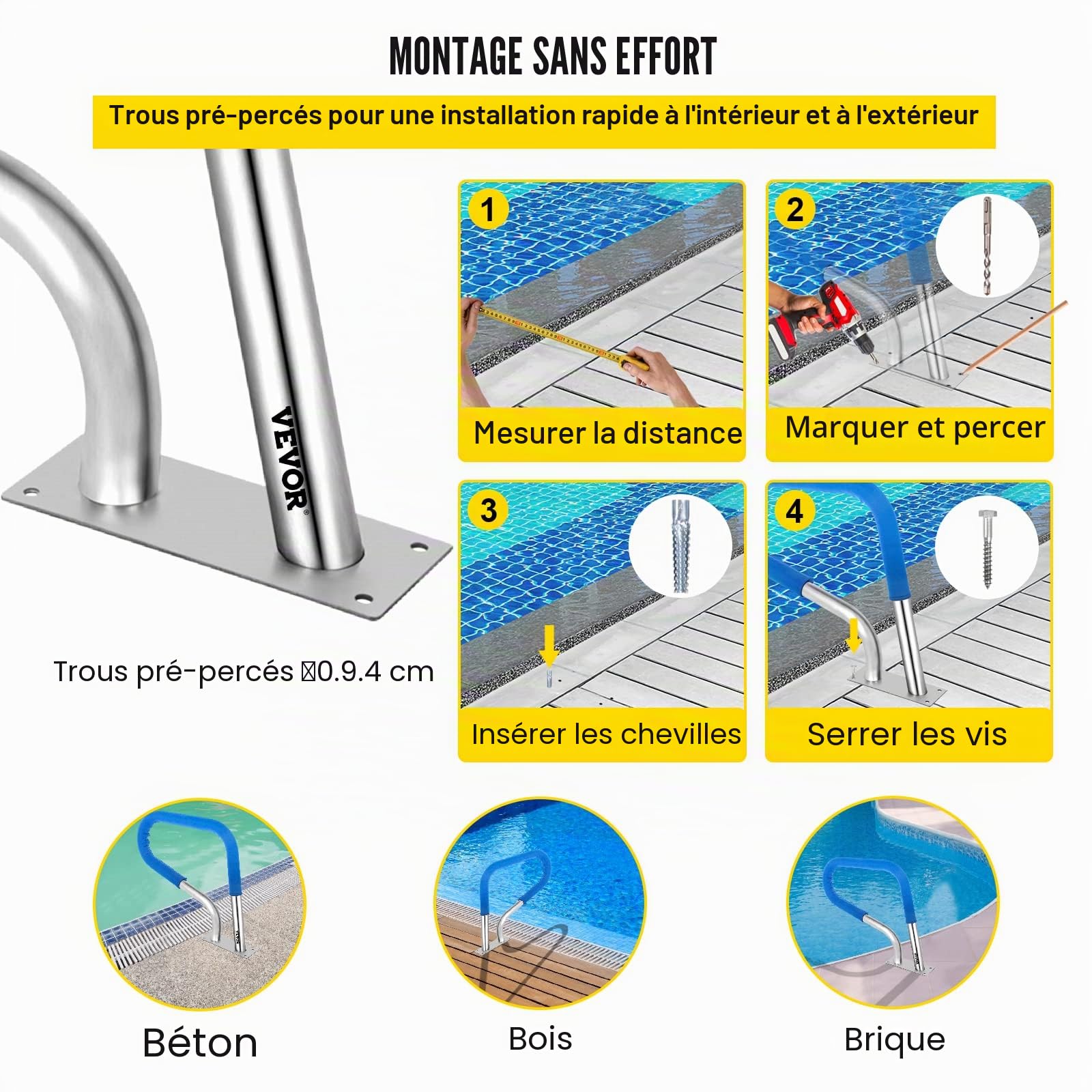 VEVOR Garde-corps de piscine 32x23 en acier inoxydable 304 capacité de charge 250LBS main courante de piscine argentée antirouille, couvercle de poignée bleu et forets M8 et vis autotaraudeuses