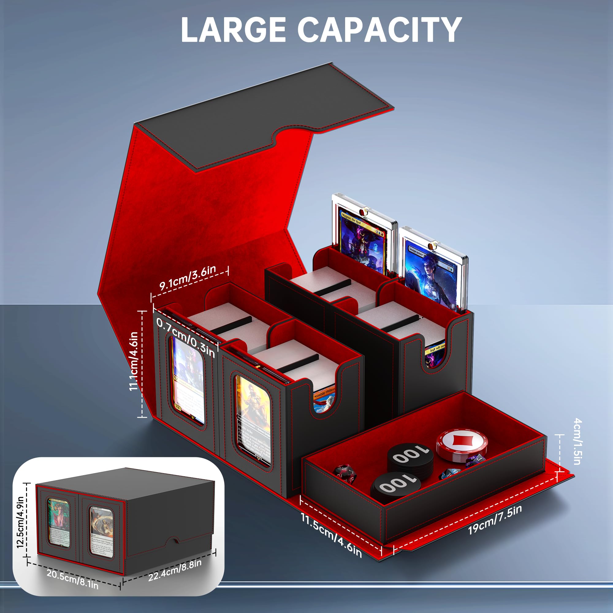 Commander Deck Box - Caja de almacenamiento 5 en 1 para más de 400 tarjetas con ventana de visualización, cubierta extraíble, bandeja de dados para tarjetas coleccionables TCG y PTCG (rojo)