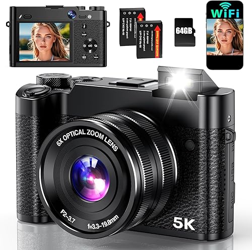 Cámara digital 5K, cámaras de 64MP para fotografía con zoom óptico 6X y enfoque automático, cámara de vlogging WiFi para video de YouTube, doble
