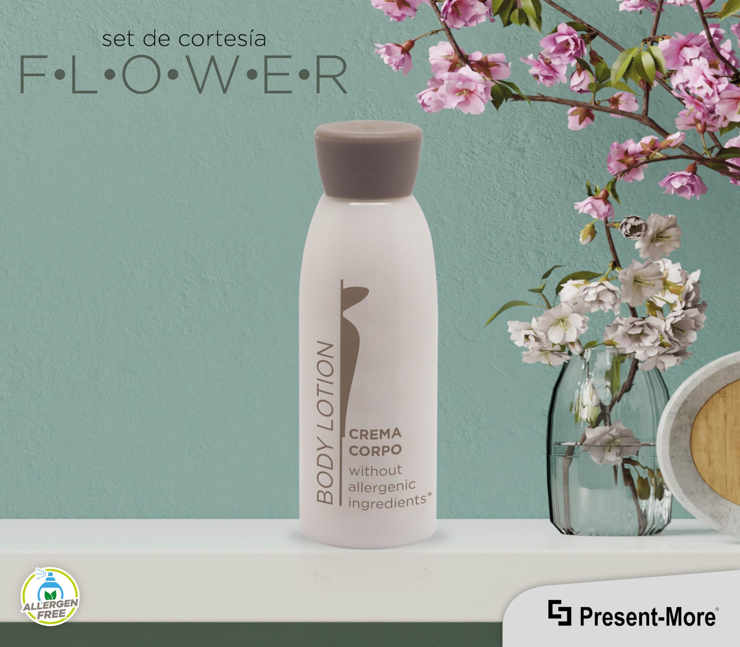 Present-More Crema corporal 30ml Flower - Crema cuerpo 250 unidades para Hoteles y B&B | Crema cuerpo sin alérgenos con aroma a Tè