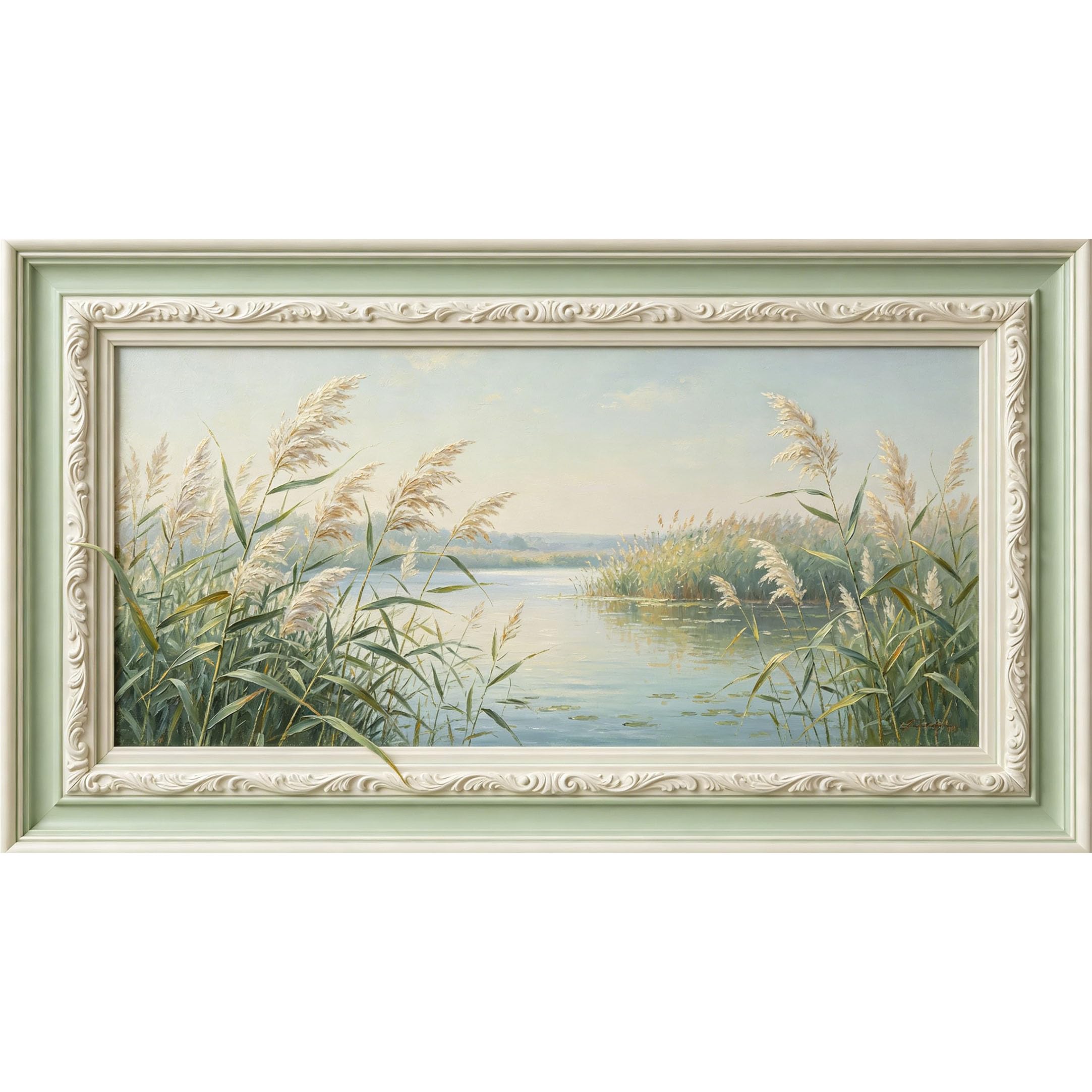 QZLITHOTIC 50x90cm3D Framed Wall Art， Botanical Lake Reed Landscape Self‑Adhesive Mural， Water‑Activated Peel & Stick Fabric Decor Wall Decal for Bedroom Living Room