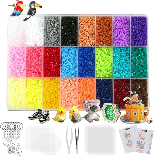 LIHAO 24000PCS 2.6MM Mini DIY Fuse Beads Decoration Toys Set 24 Colours (3 Templates+5 Iron Papers+2 Tweezers+10 Key Rings+10 Hang Cords+2 Idea Design Booklet)