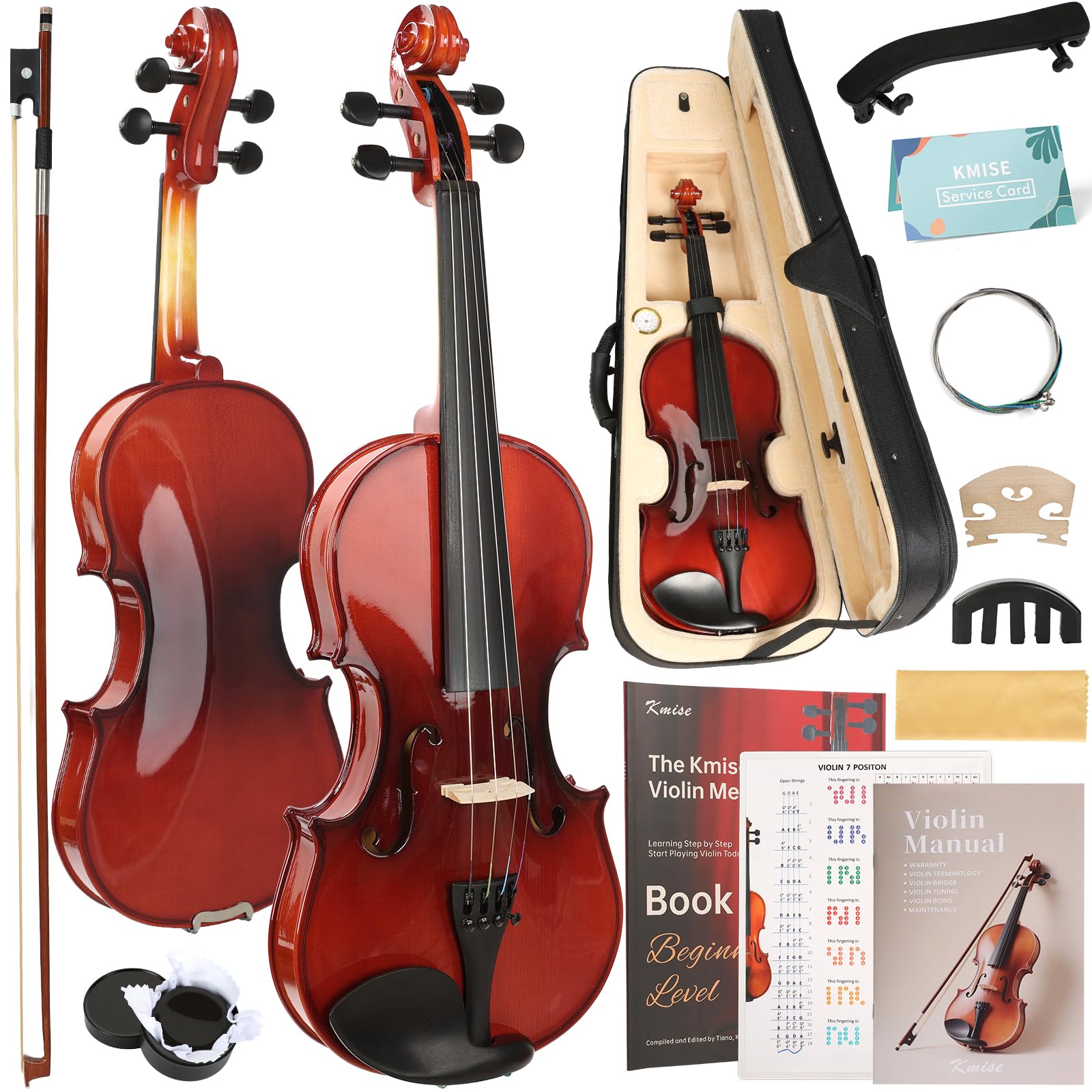 Kmise Violin 4/4 Full Size Starter Kit for Students Beginners Adults, Quality Ebony Acoustic Fiddle Set with Hard Case, Bow, Rosin, Extra Strings, Shoulder Rest, Guide &amp; Chart