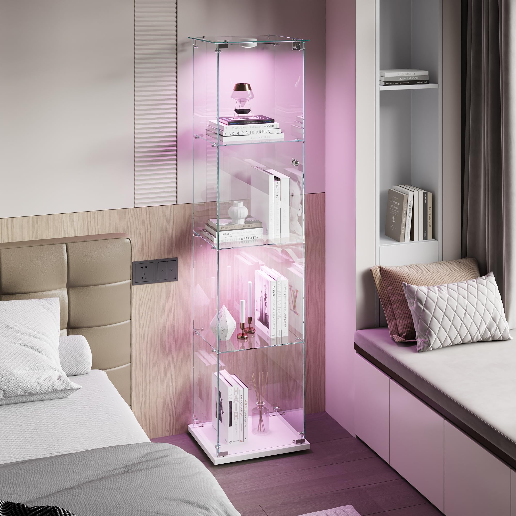 Vitrine aus Glas, 4 Schichten, Schrank mit Schloss, 163 x 35 x 39,8 cm, LED-Vitrine für Sammlung mit Möbel für Wohnzimmer