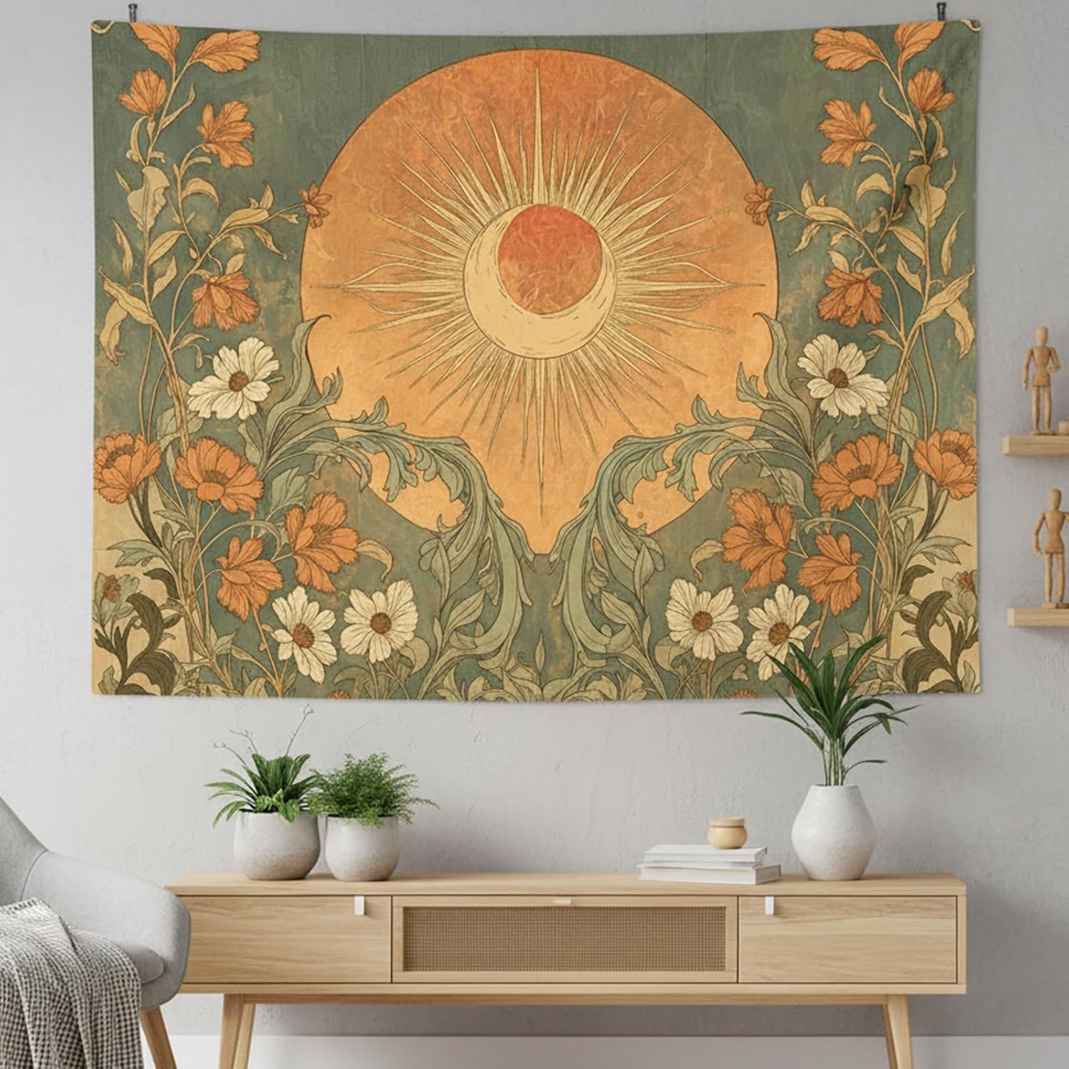 Yeoiat Tapestry Vintage Sun and Wildflowers Tapestries Retro 70s Floral Wall Tapestry Boho Hippie Garden Wall Hanging for Bedroom 48"x36"