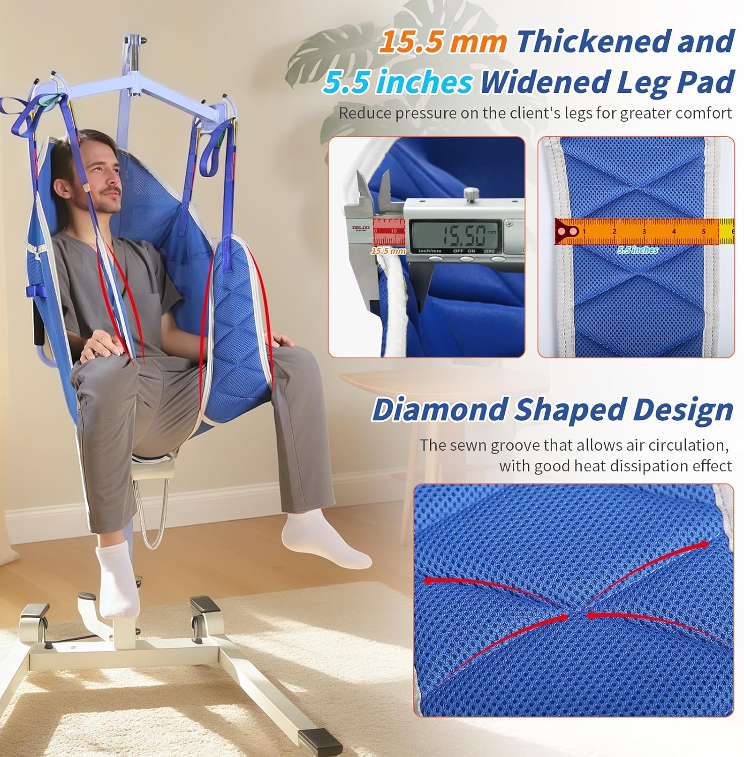 Long Sit Spacer Sling with Head Support,Patient Lift Divided Leg Sling for Transfer,Bed Positioning and Lifting,Suitable for Elderly,Disabled,Bedridden,Soft & Comfortable-500LBS (Blue, Medium)