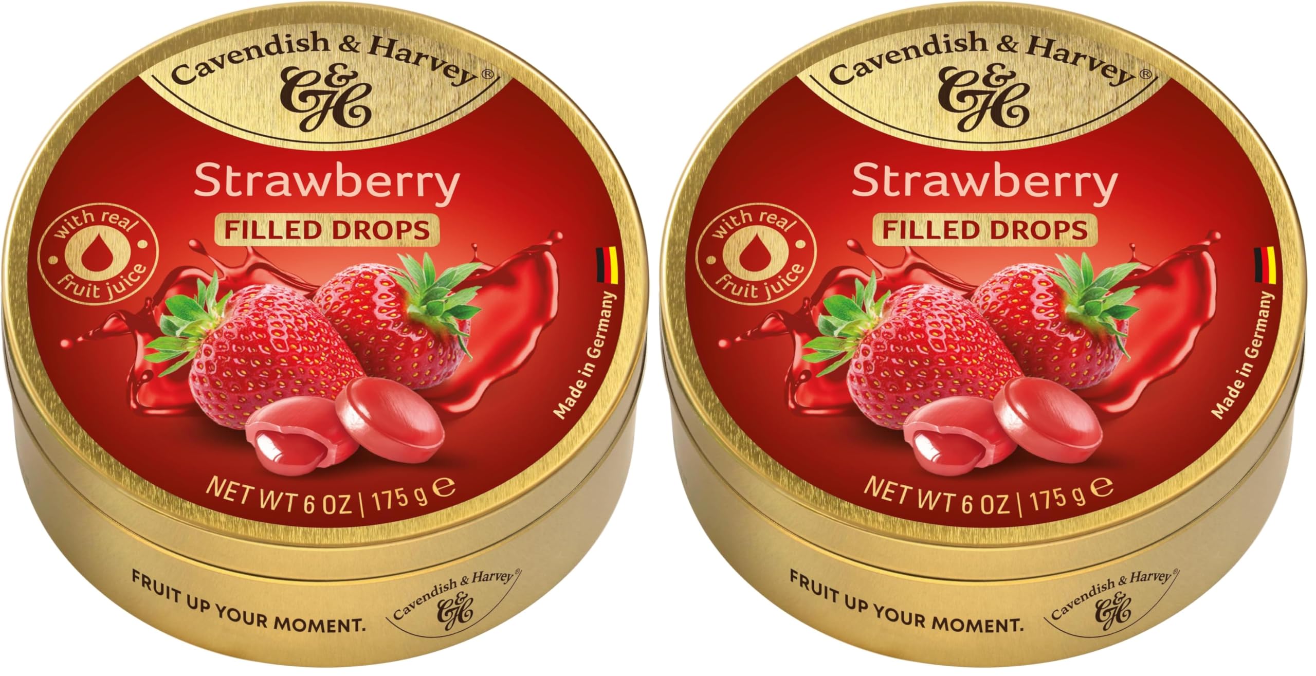Cavendish & Harvey Strawberry Drops gefüllt 175g Dose | Aromatische Erdbeere gefüllt mit vollmundigem Erdbeersaft | Gefüllte Fruchtbonbons | Vegan, Halal, Koscher | 1 x 175g (Packung mit 2)