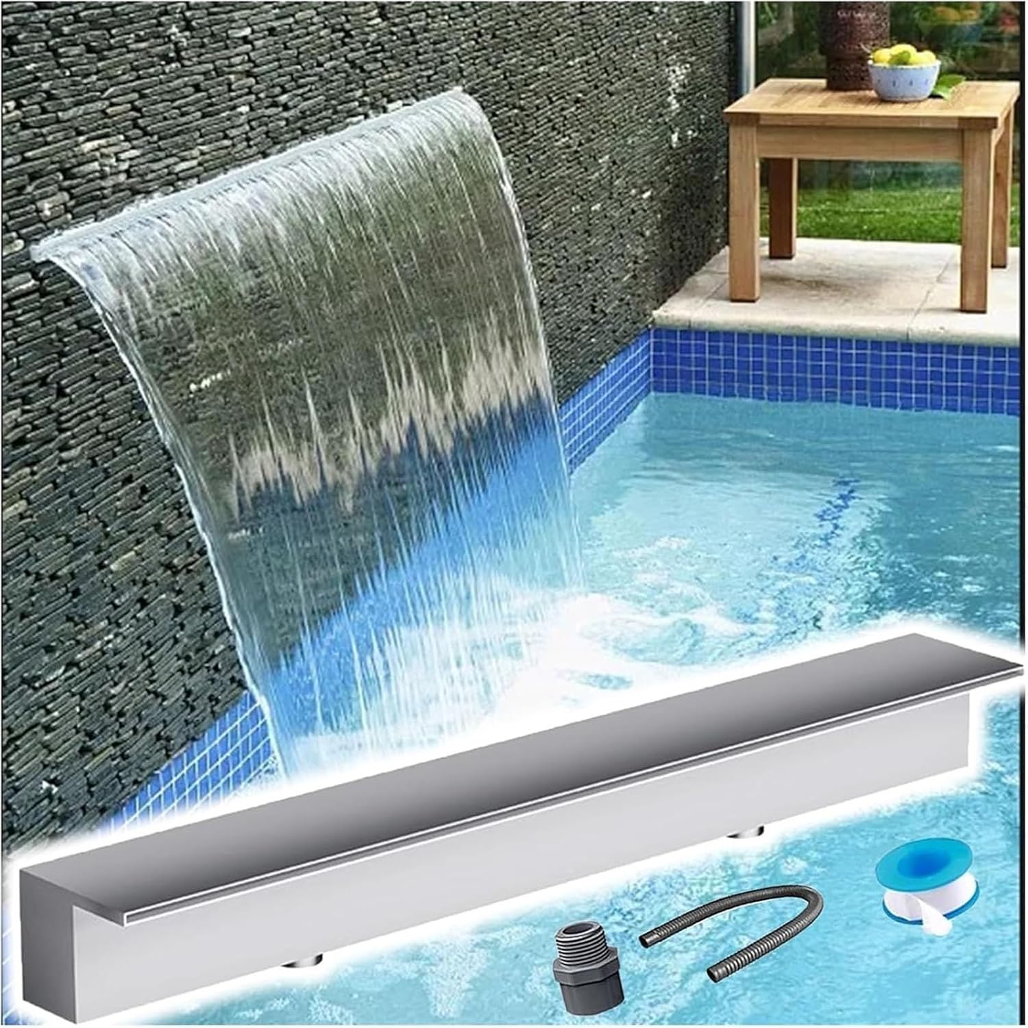 Waterfall Spillway, Stainless Steel Outdoor Water Feature for Ponds, Spas, and Gardens, Spray Outlet Kit
