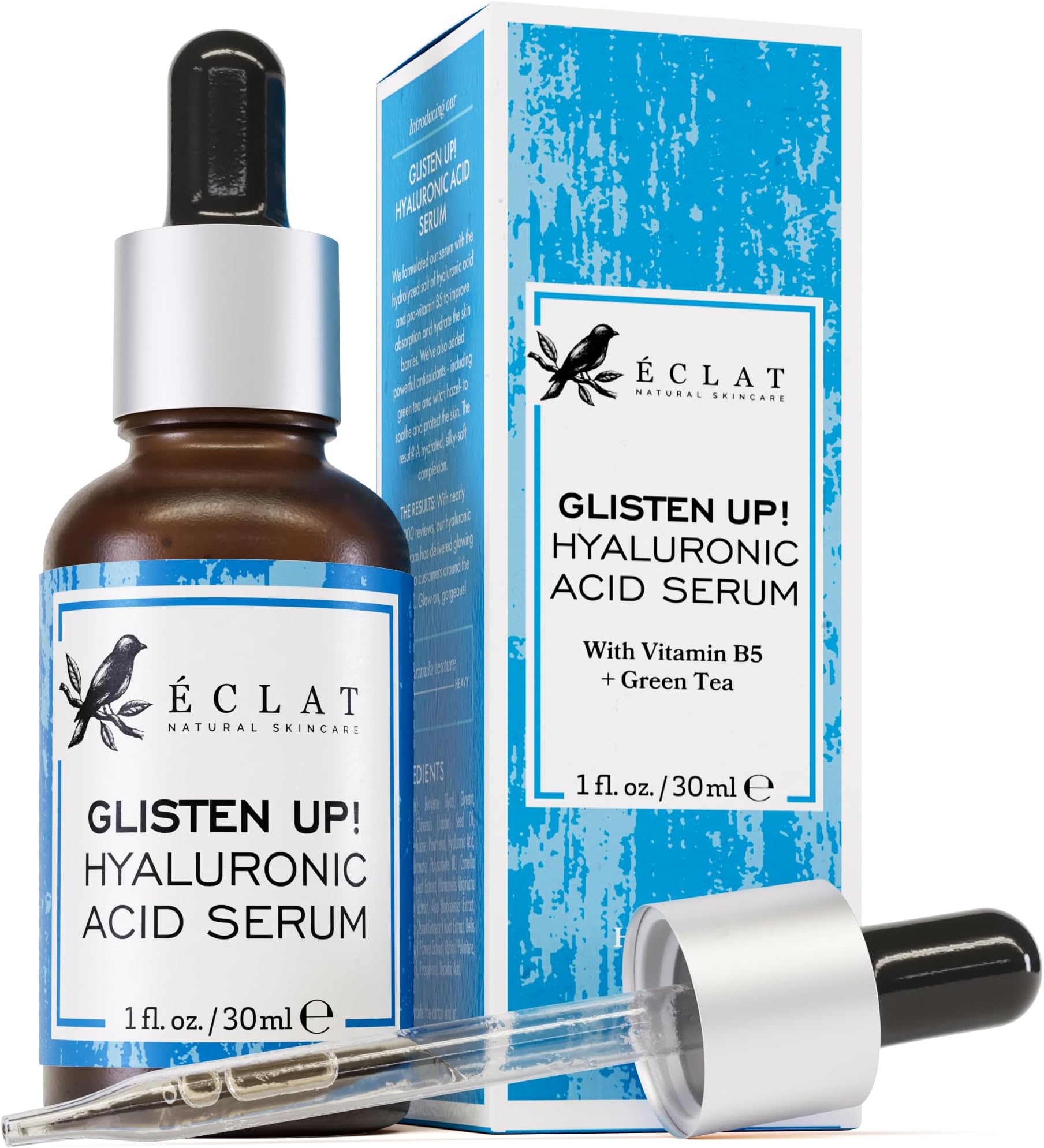 Eclat Skincare Hydrating Hyaluronic Acid Serum for Face – 2.5% Hyaluronic Acid + 3% B5, Green Tea & Jojoba Oil - Moisturizing & Plumping Formula for Radiant & Smoother Skin 1 Fl Oz
