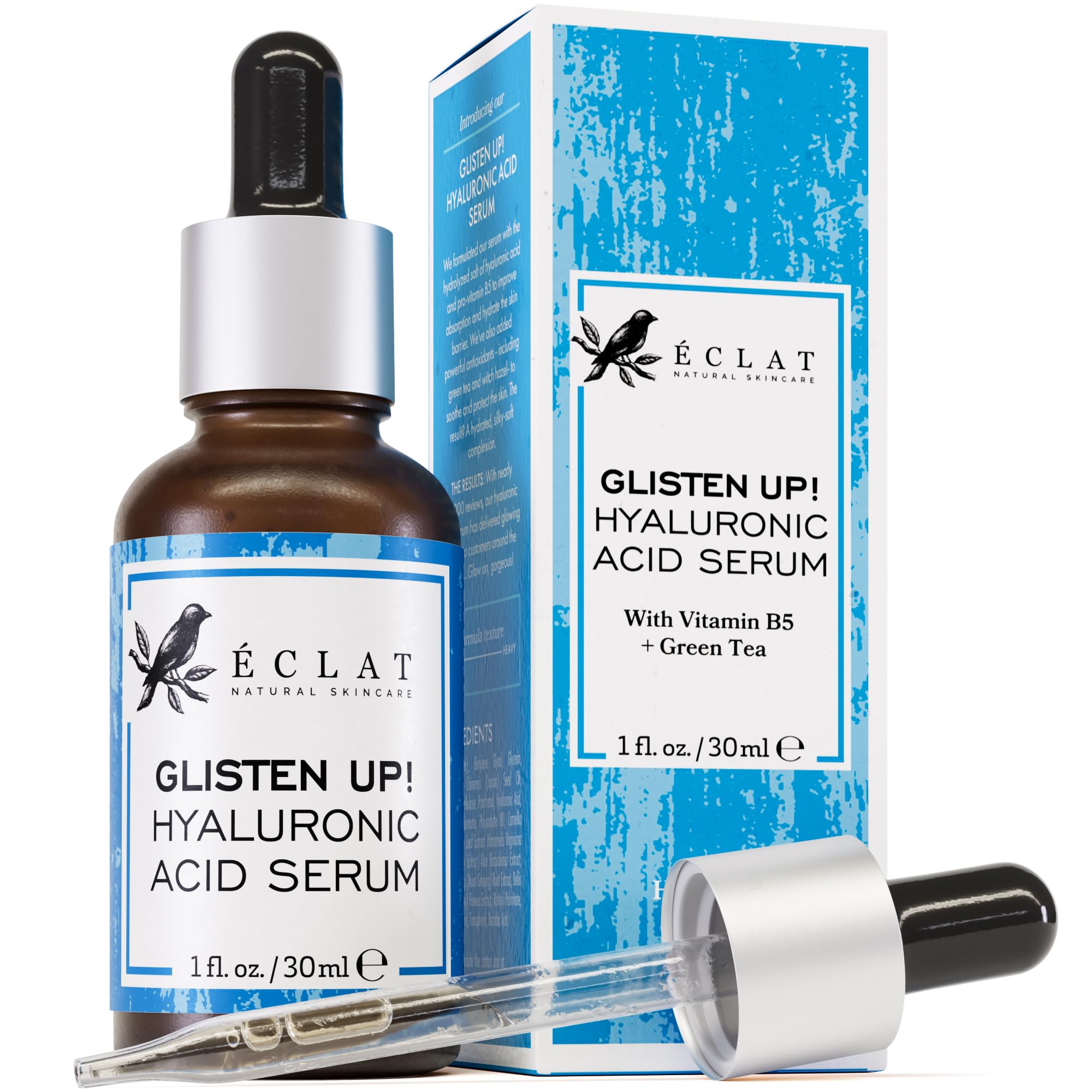 Eclat Skincare Hydrating Hyaluronic Acid Serum for Face – 2.5% Hyaluronic Acid + 3% B5, Green Tea & Jojoba Oil - Moisturizing & Plumping Formula for Radiant & Smoother Skin 1 Fl Oz